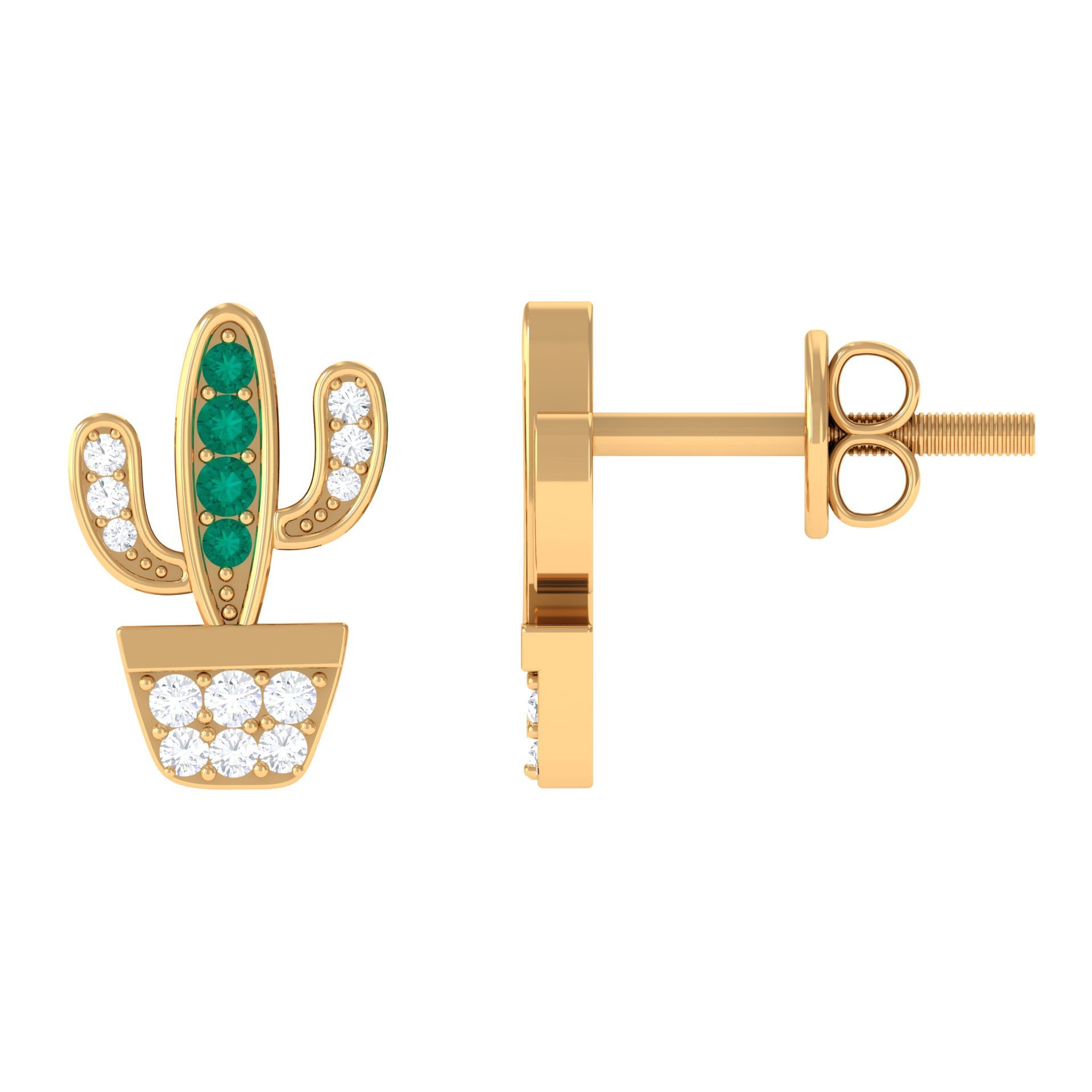 Real Emerald and Diamond Cactus Stud Earrings