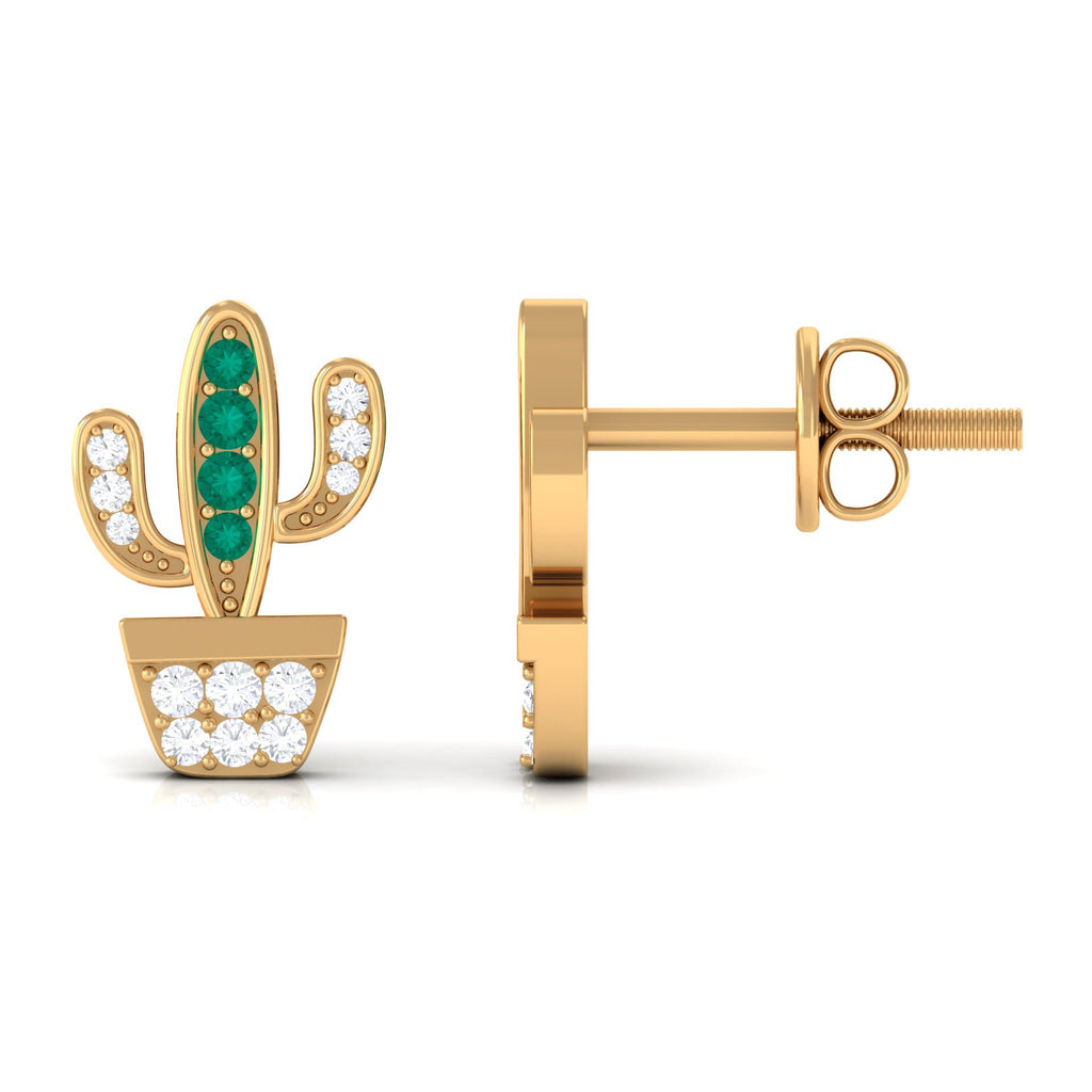 Real Emerald and Diamond Cactus Stud Earrings