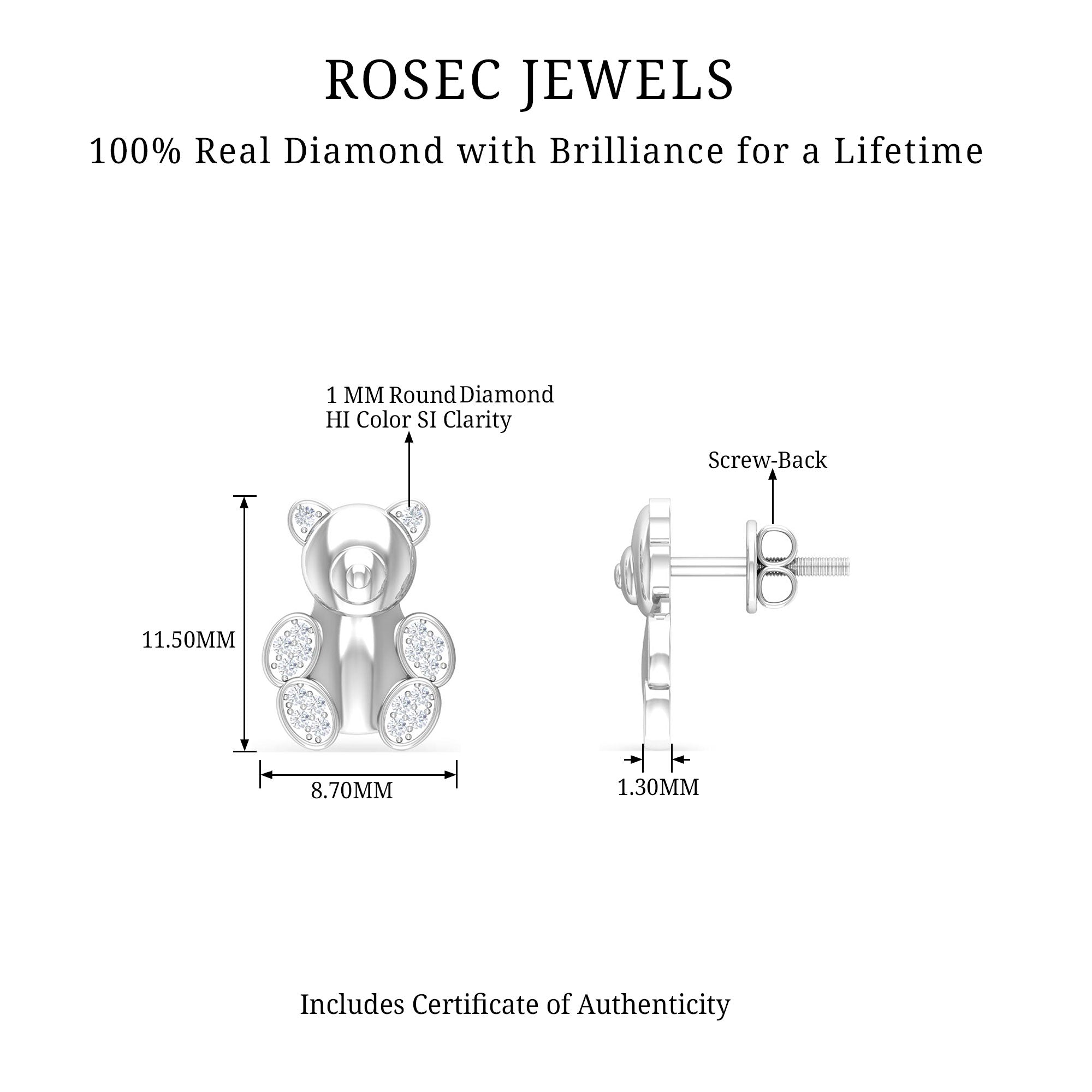 Teddy Bear Stud Earrings for Women with Diamonds