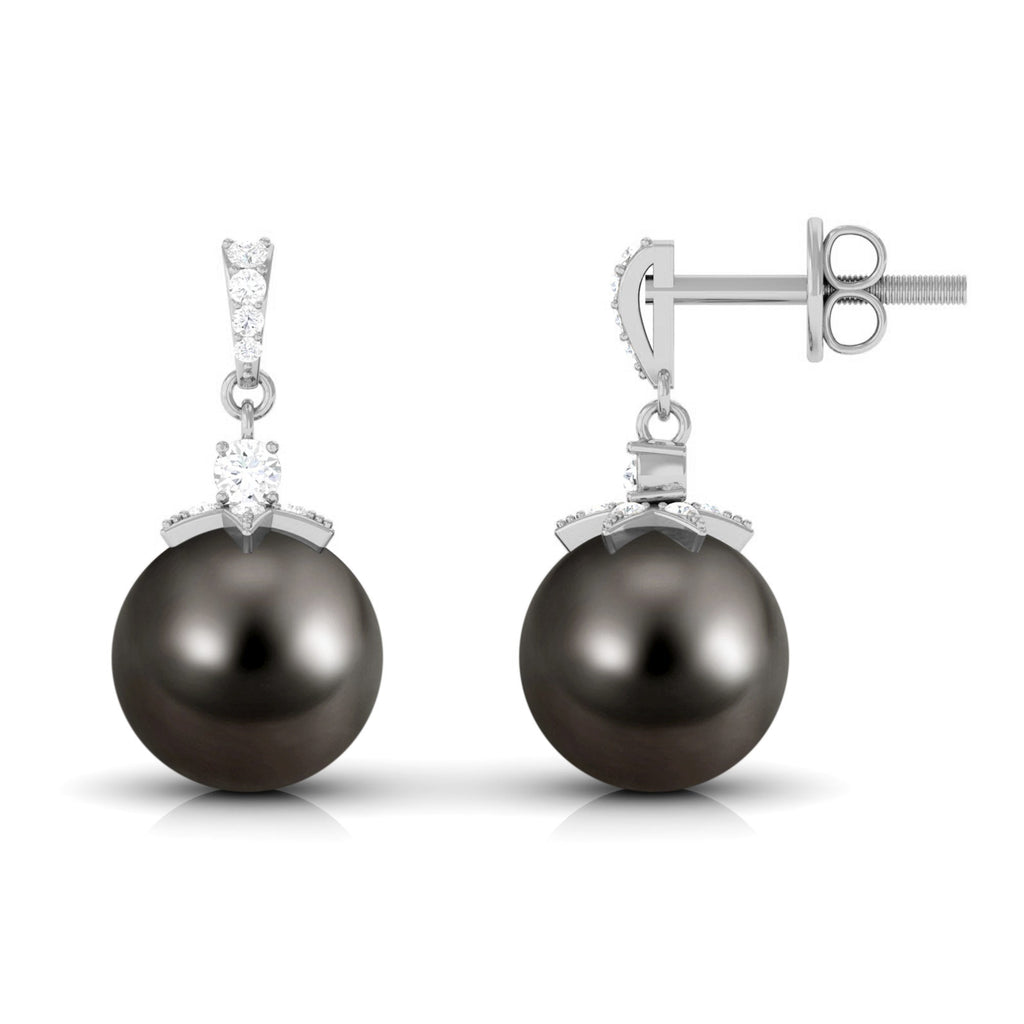 Cultured 16 Carat Black Tahitian Pearl Bridal Drop Earrings with Diamond