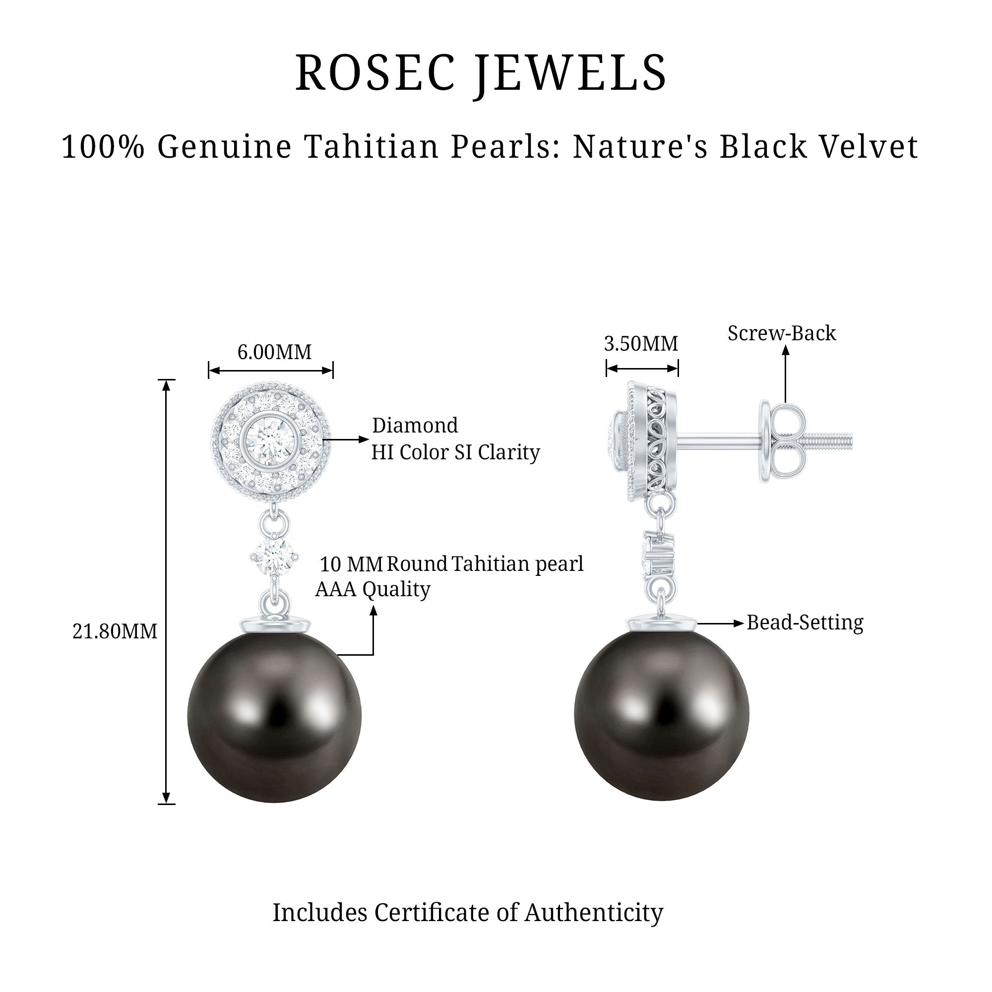 Natural 15 Carat Tahitian Pearl Diamond Drop Earrings for Women
