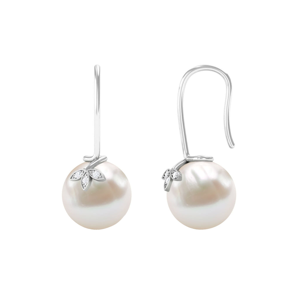 Cultured 10mm Freshwater Pearl Diamond Drop Earrings with Fish Hook
