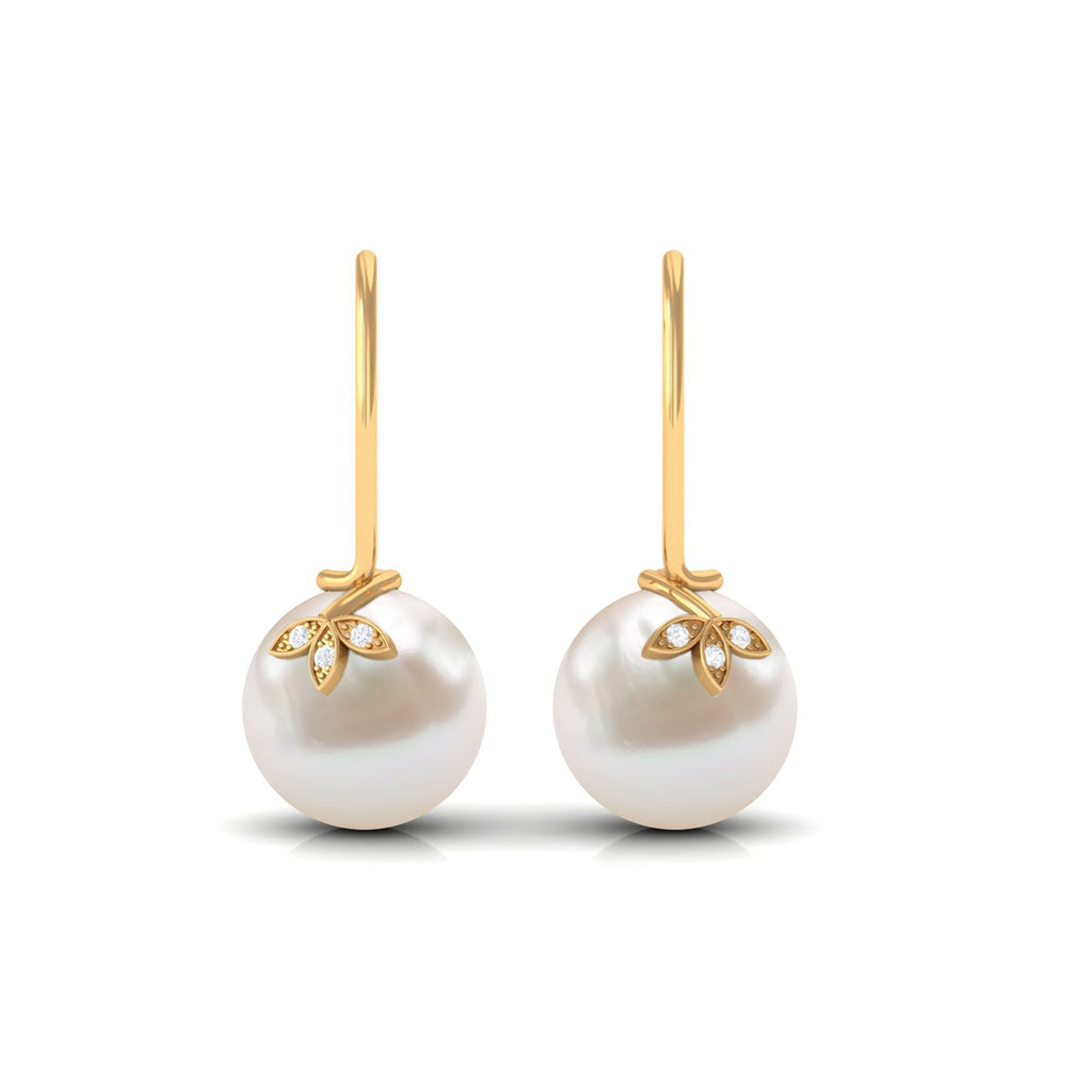 Cultured 10mm Freshwater Pearl Diamond Drop Earrings with Fish Hook