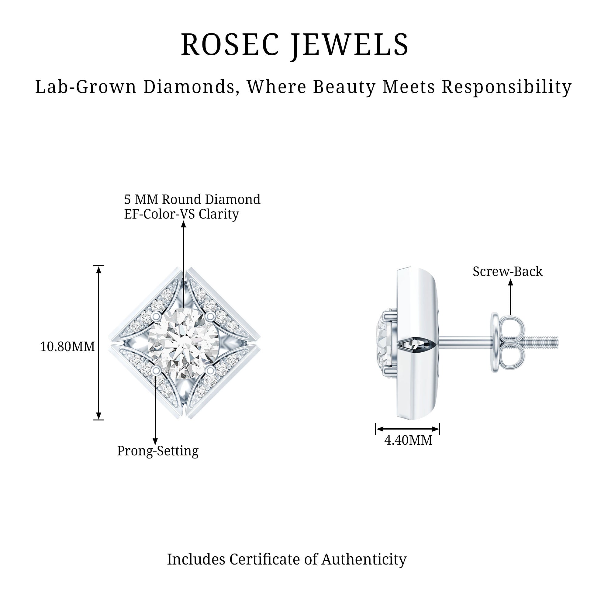 Classic Lab Grown Diamond Stud Earrings With Screw Back