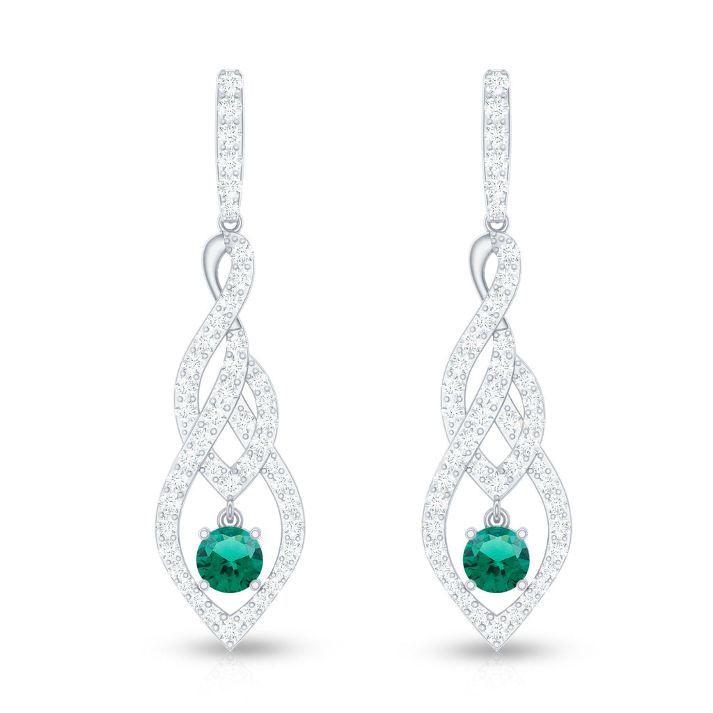 Certified Lab Grown Emerald Dangle Earrings with Diamond Accent
