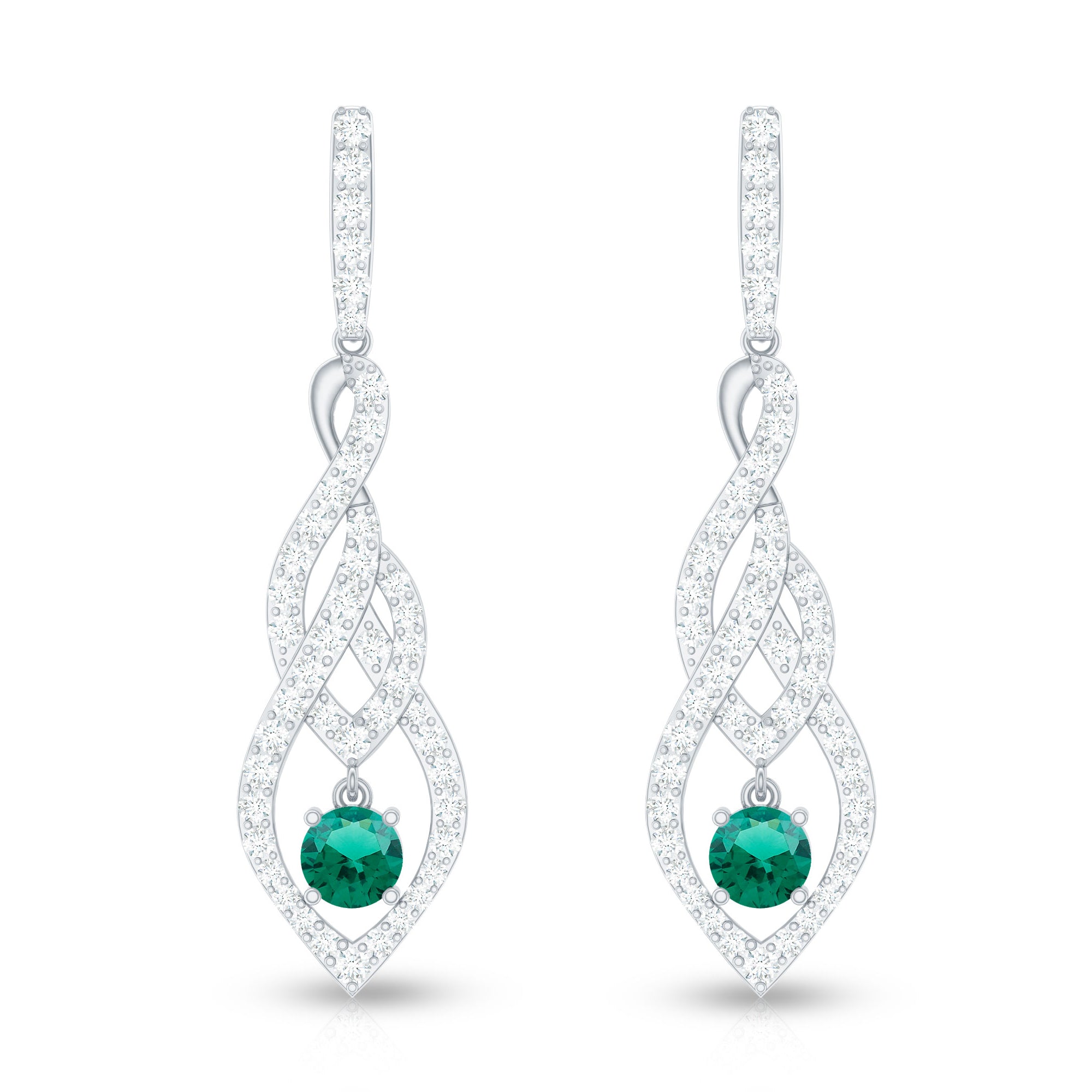 Certified Lab Grown Emerald Dangle Earrings with Diamond Accent