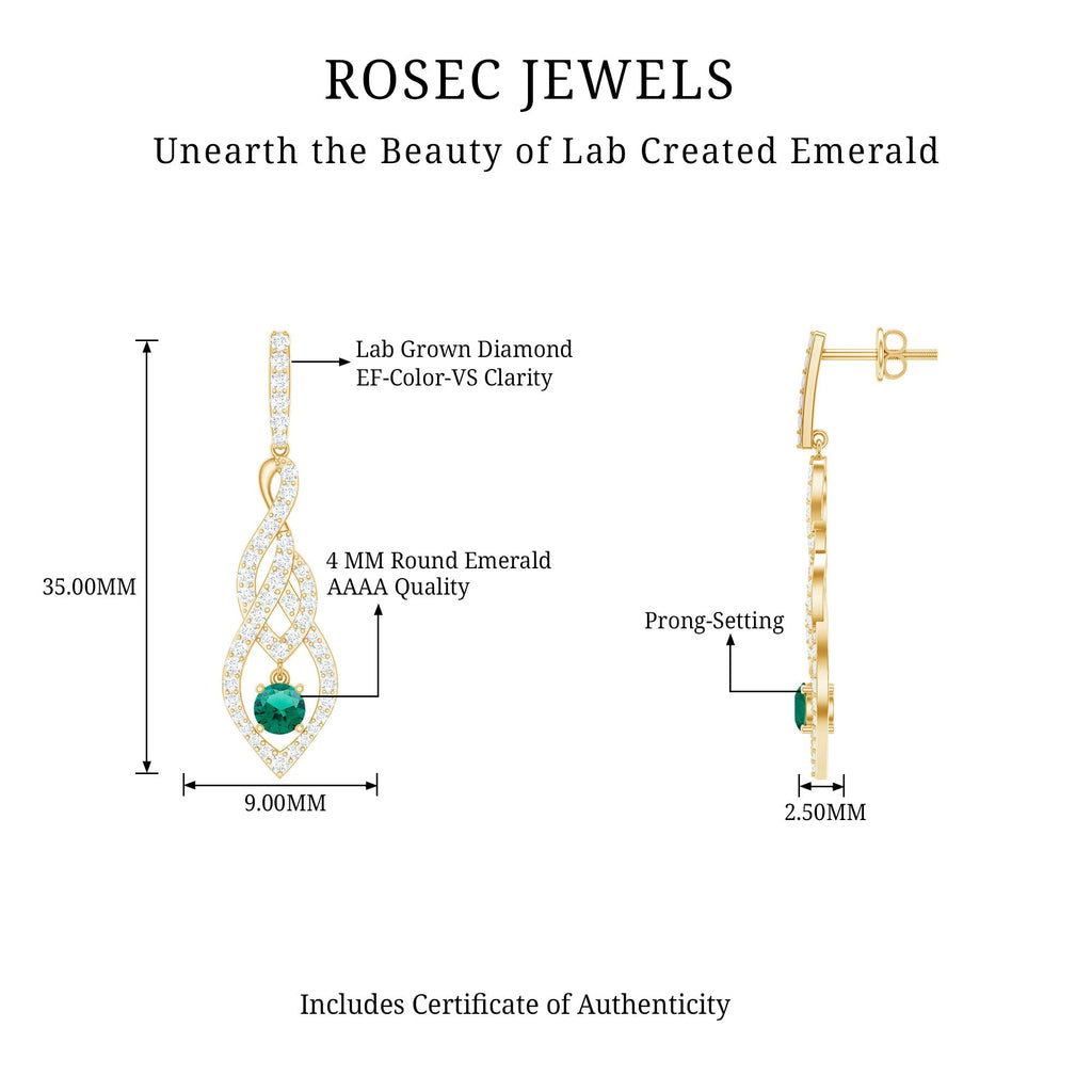 Certified Lab Grown Emerald Dangle Earrings with Diamond Accent