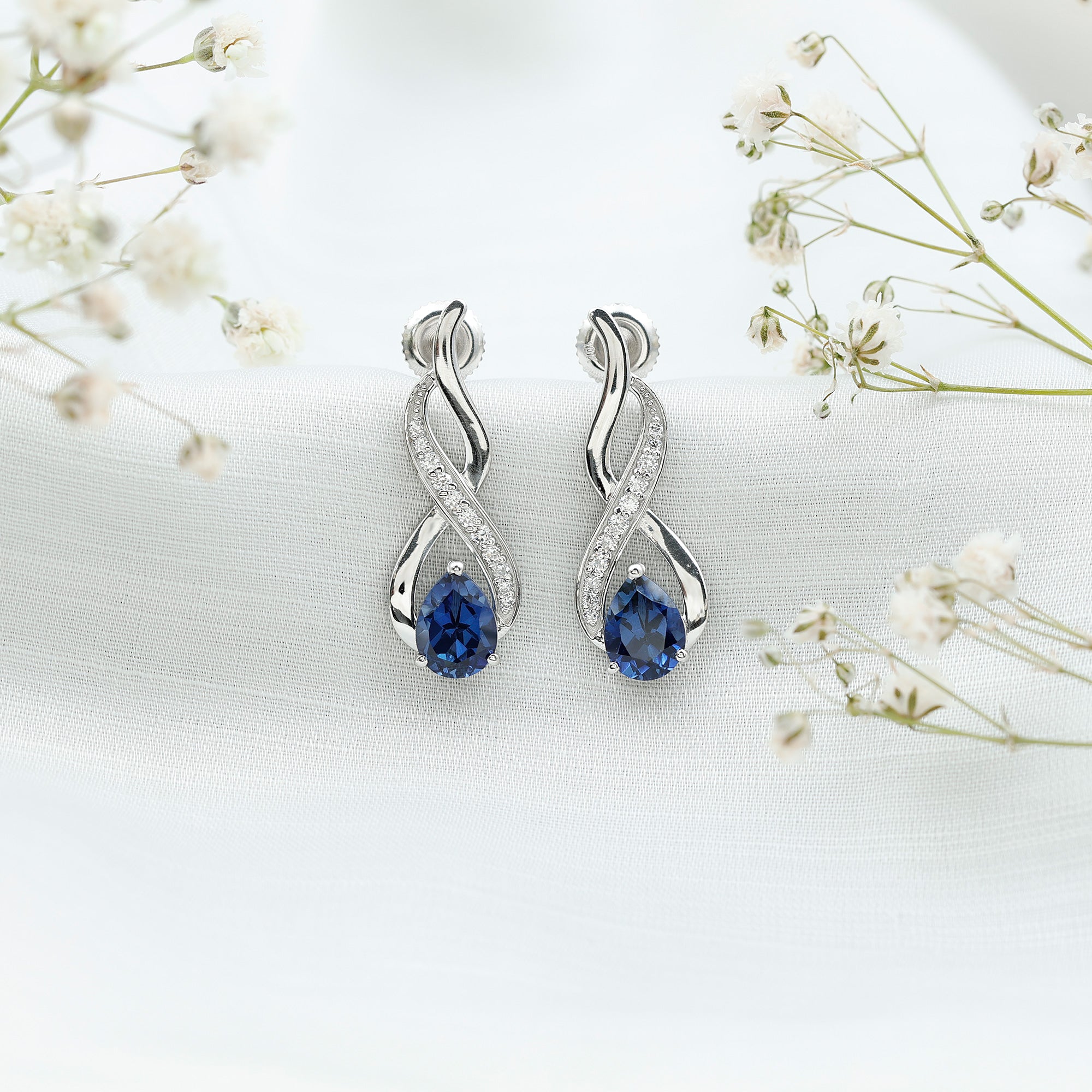 Lab Grown Blue Sapphire Infinity Drop Earrings with Diamond