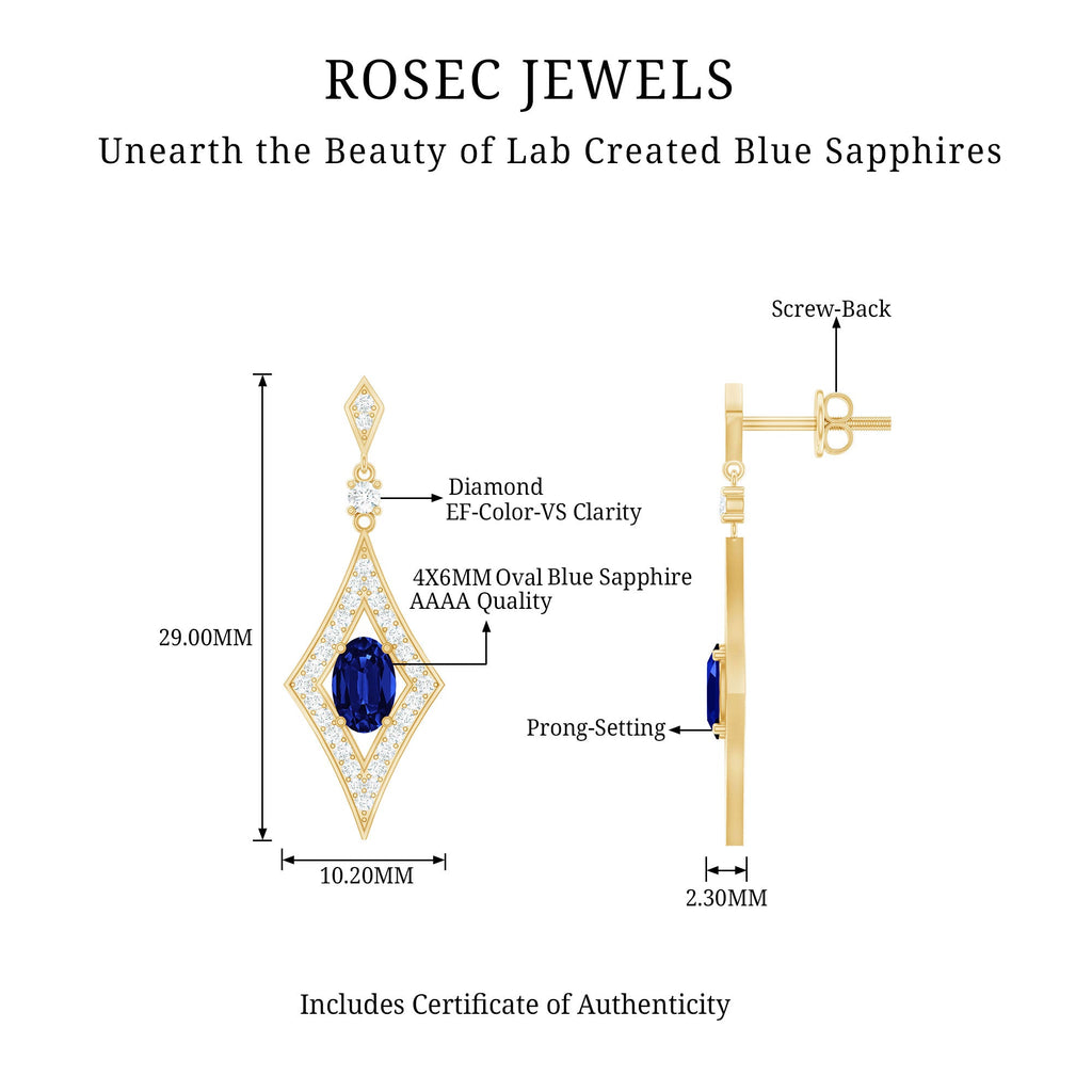 Lab Grown Blue Sapphire Dangle Drop Earrings With Diamond
