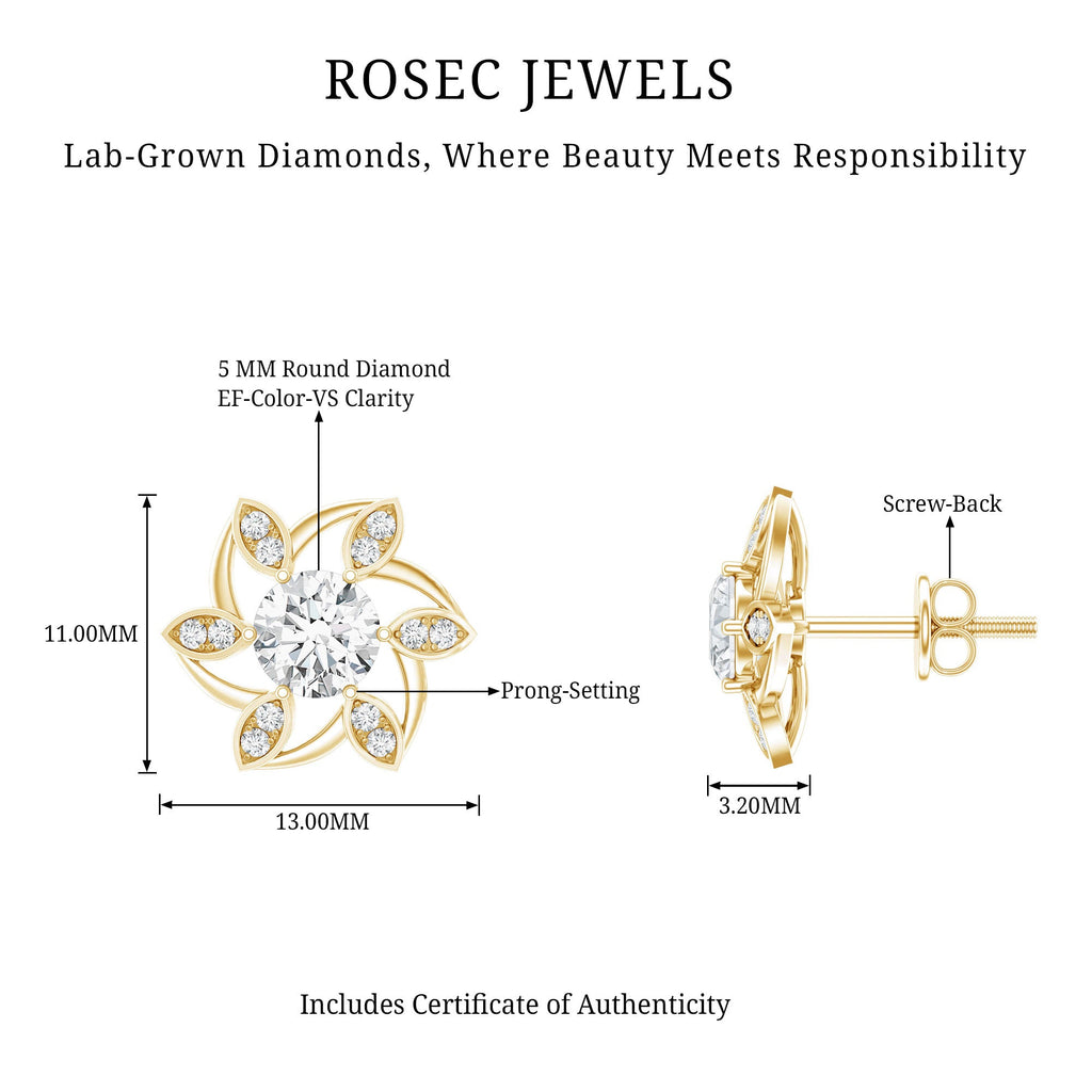 Certified Lab Grown Diamond Flower Stud Earrings With Screw Back