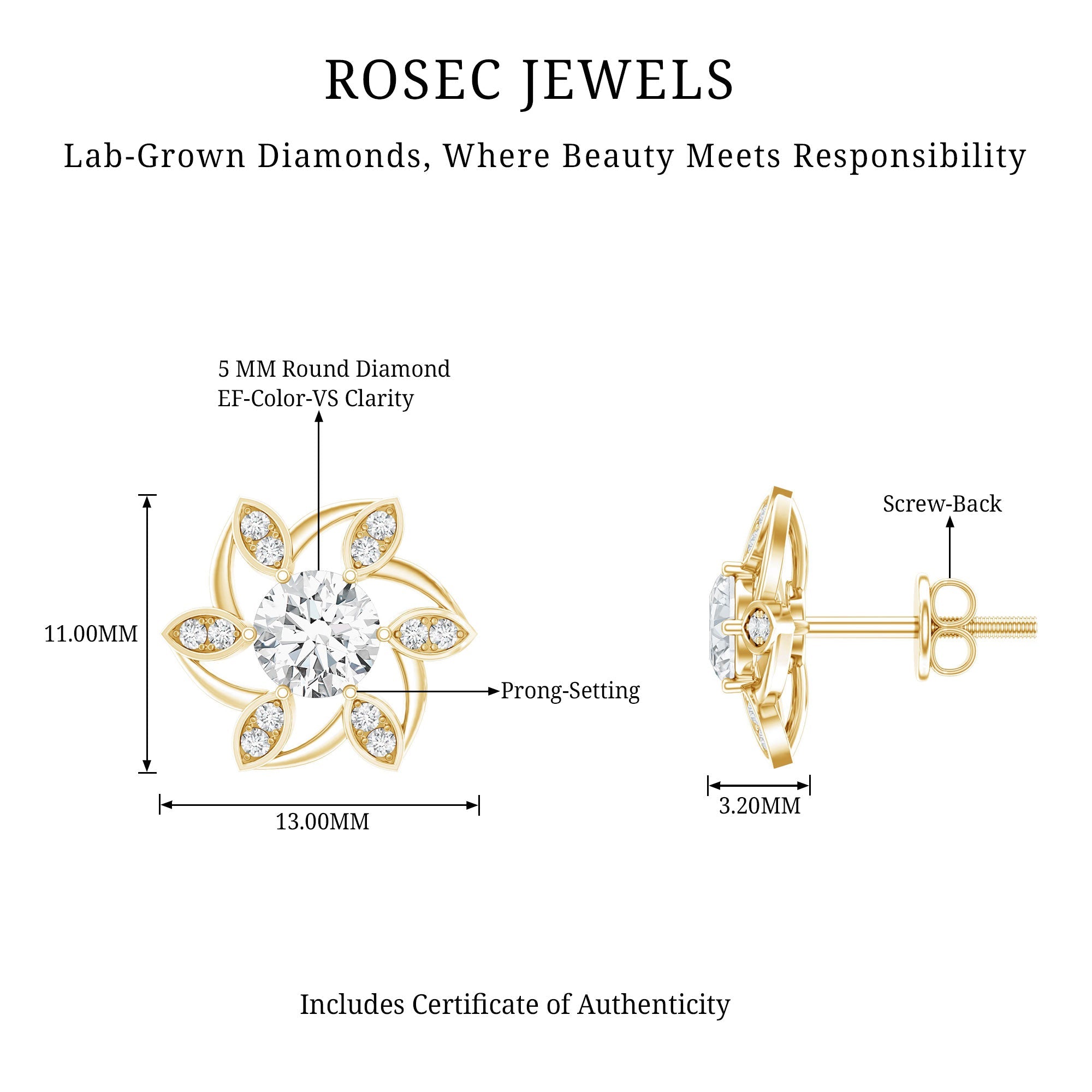 Certified Lab Grown Diamond Flower Stud Earrings With Screw Back