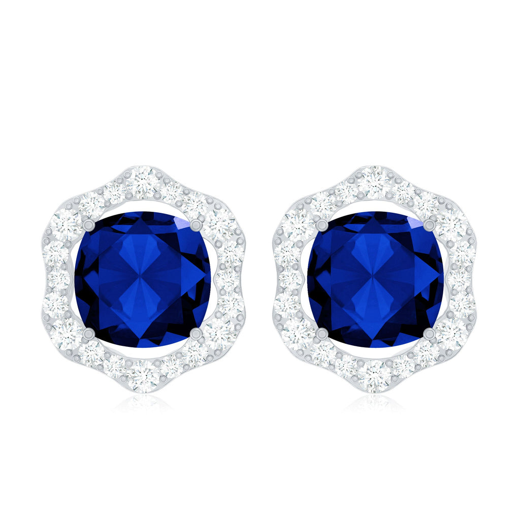 Classic Lab Grown Blue Sapphire Halo Stud Earrings with Diamond