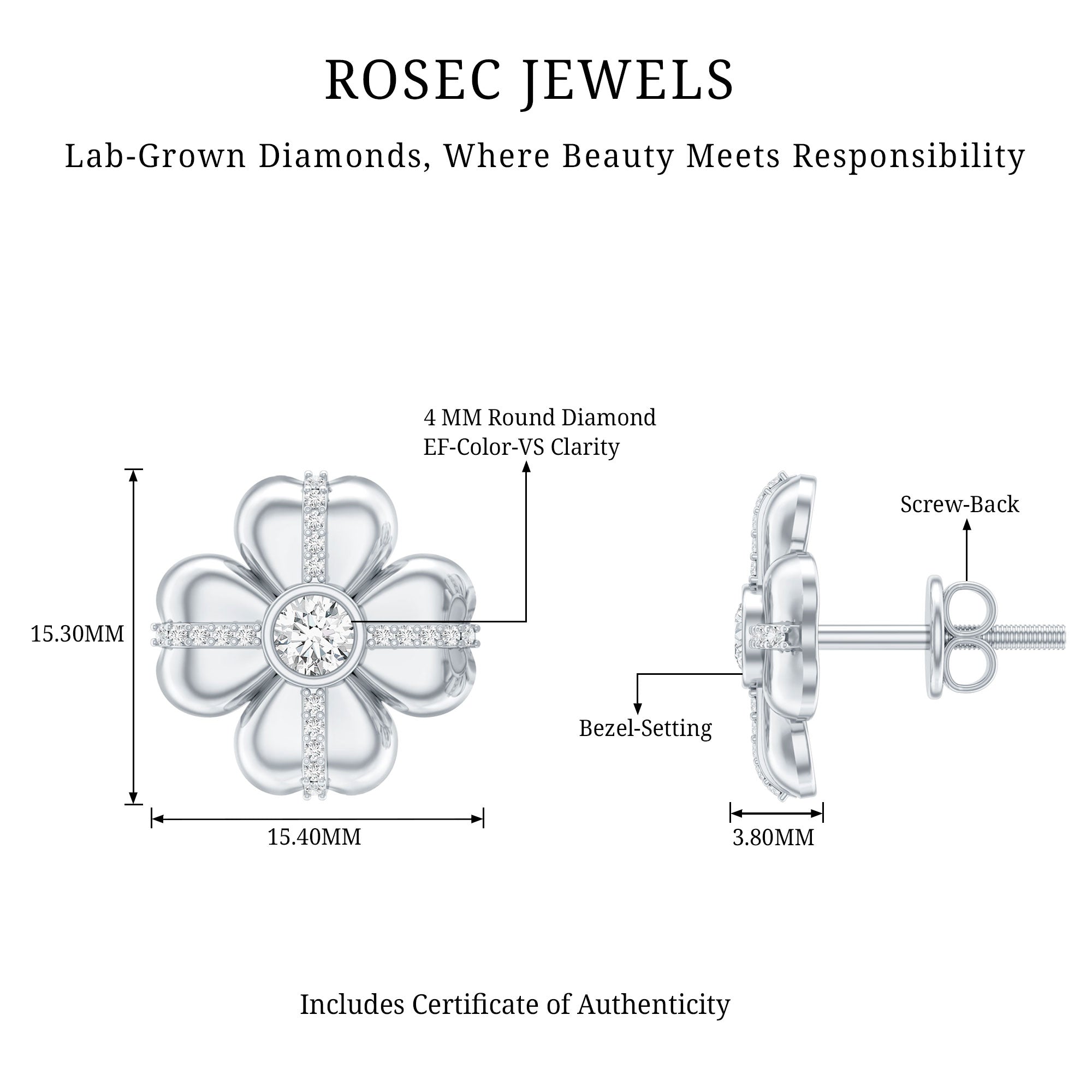 Lab Grown Diamond Flower Stud Earrings With Screw Back