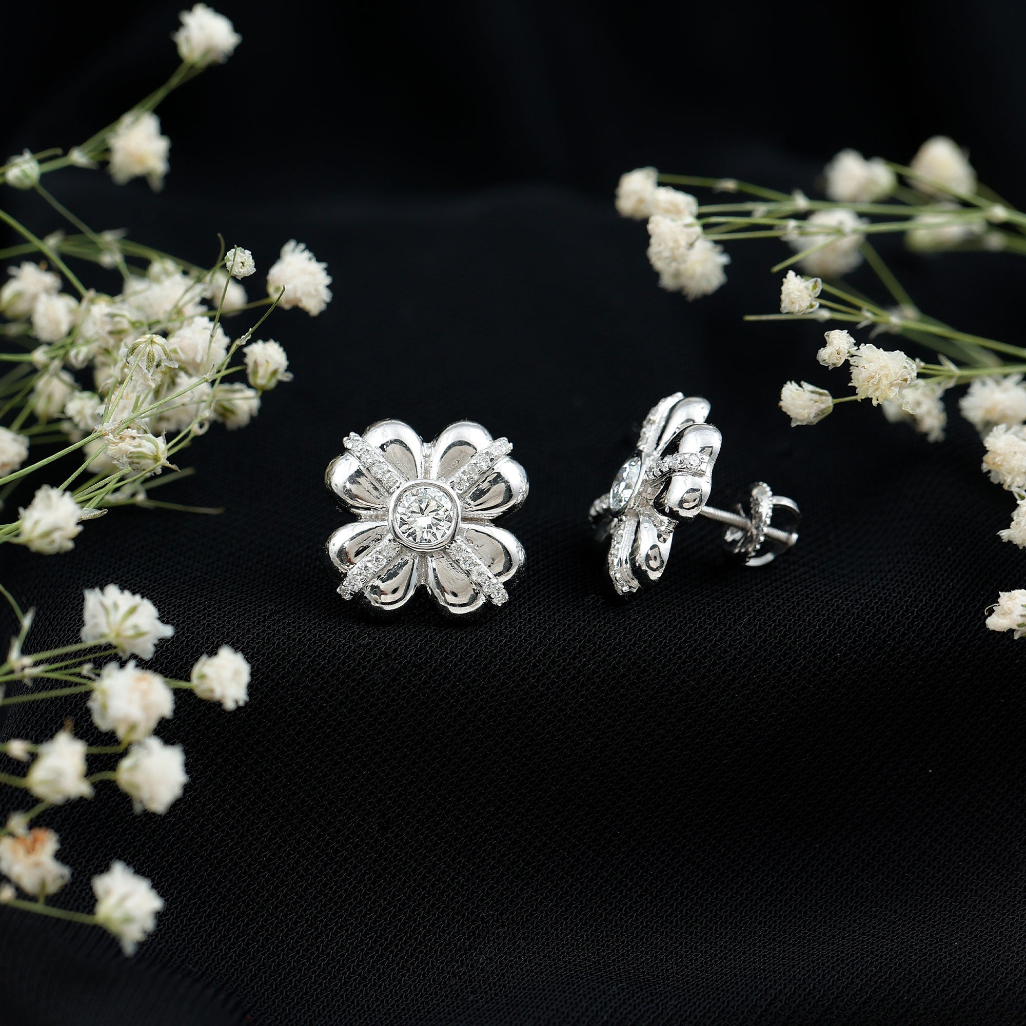 Lab Grown Diamond Flower Stud Earrings With Screw Back