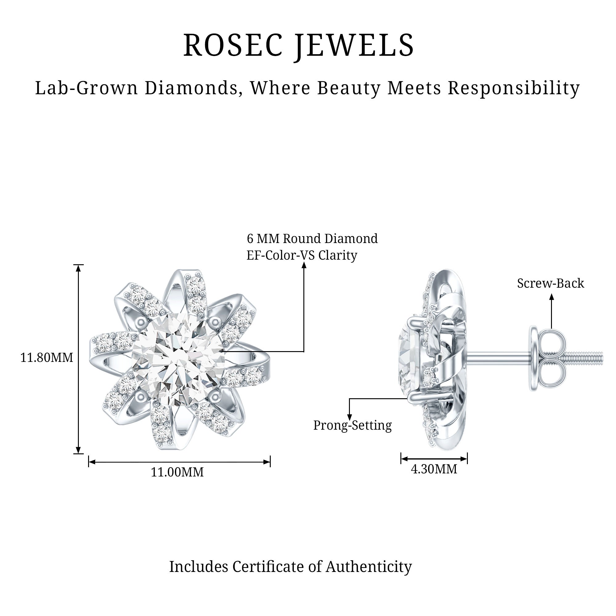 Lab Grown Diamond Round Solitaire Stud Earrings with Screw Back