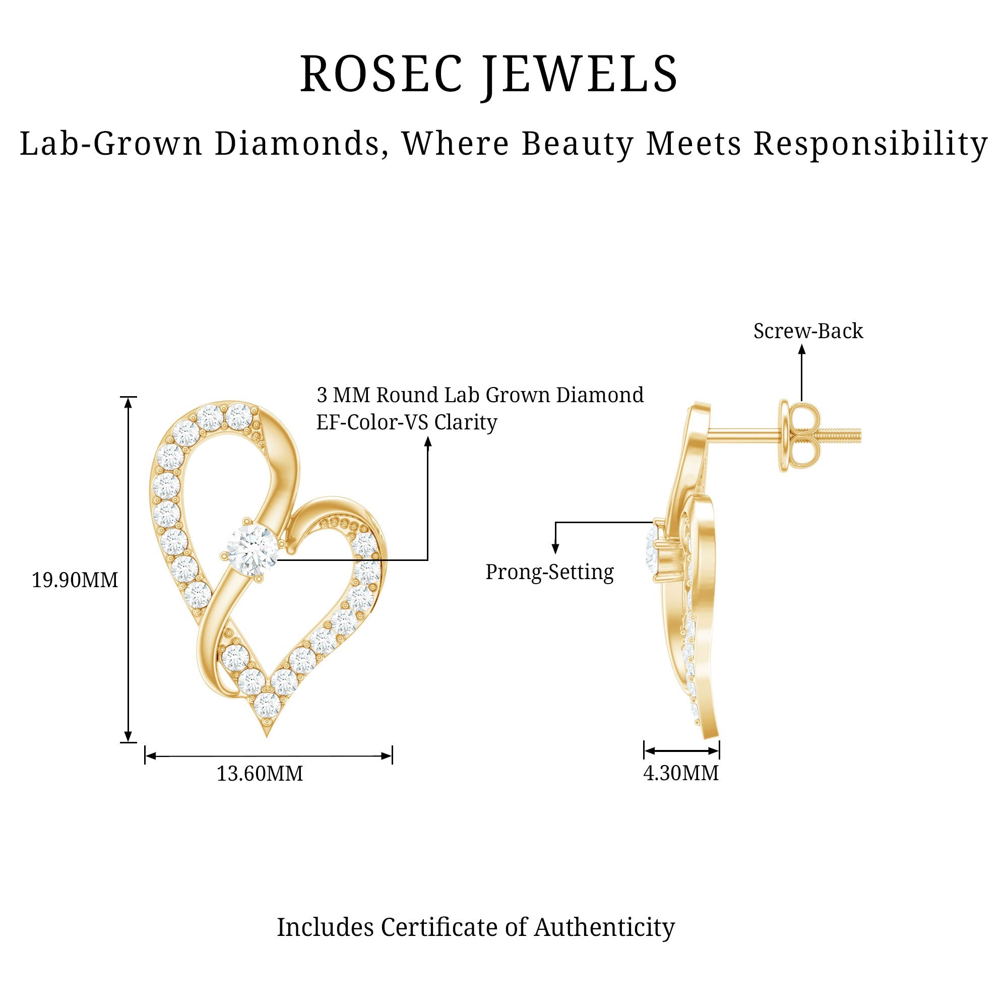 Lab Grown Diamond Heart Stud Earrings with Screw Back