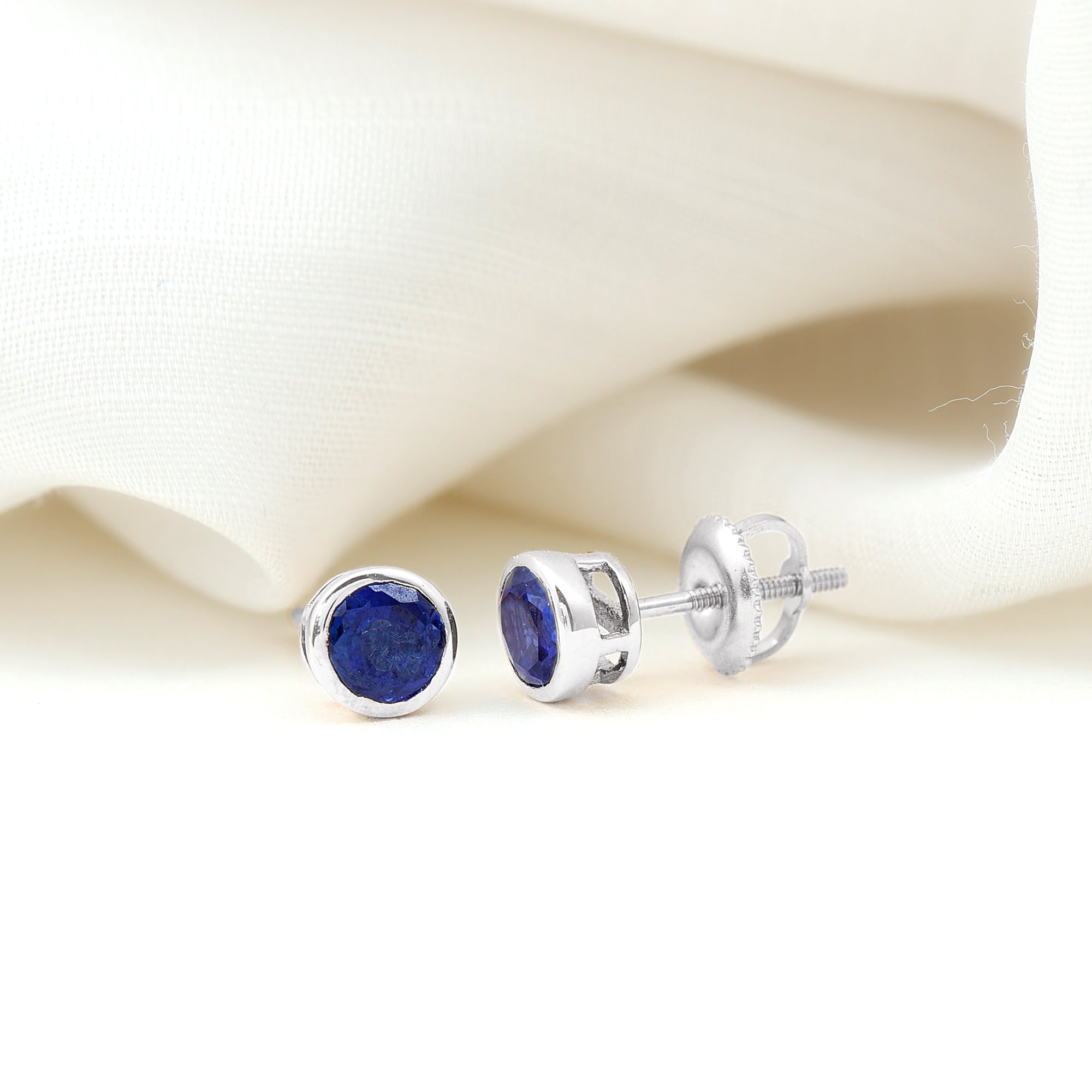 Solitaire 5MM Lab Created Blue Sapphire Stud Earrings in Bezel Setting