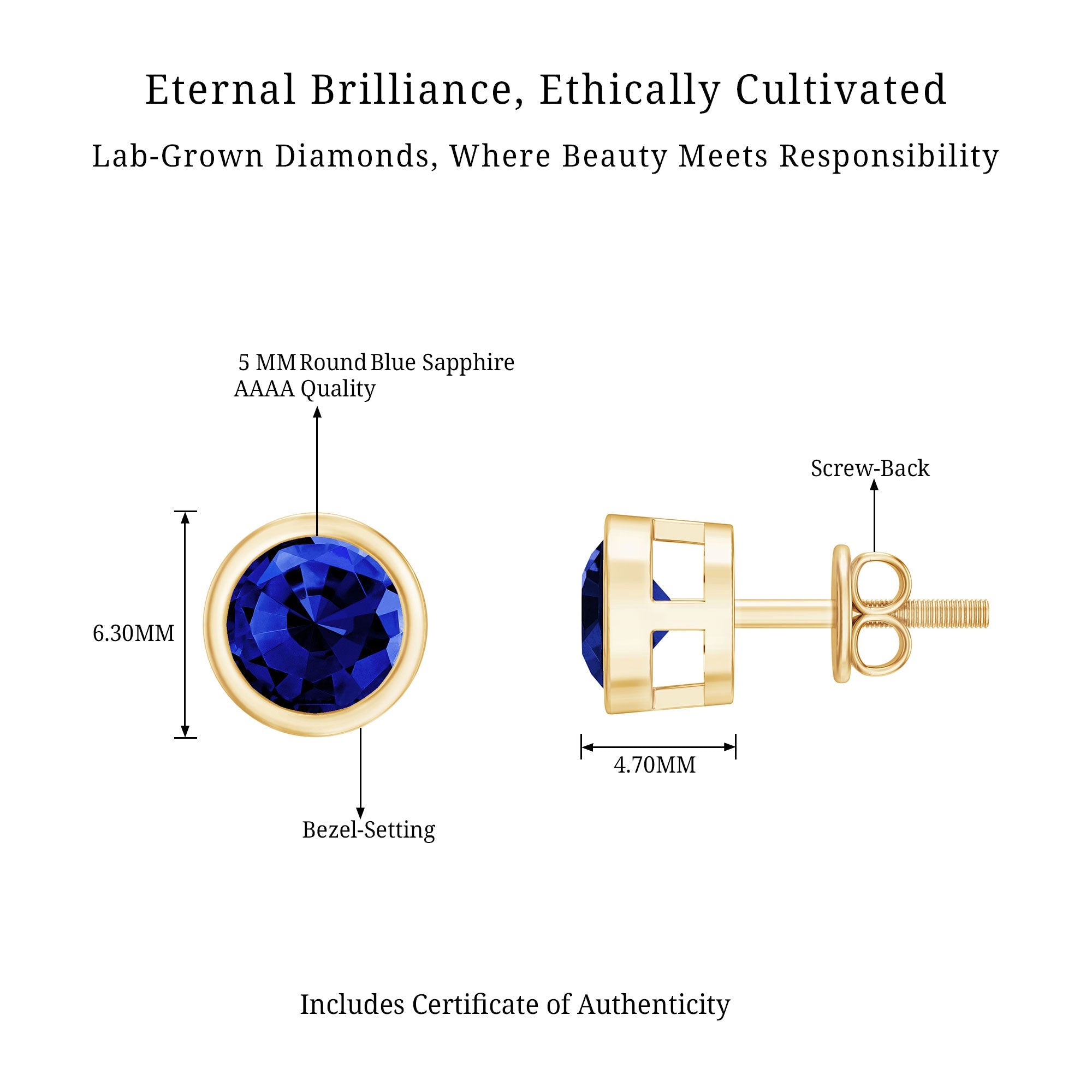 Solitaire 5MM Lab Created Blue Sapphire Stud Earrings in Bezel Setting