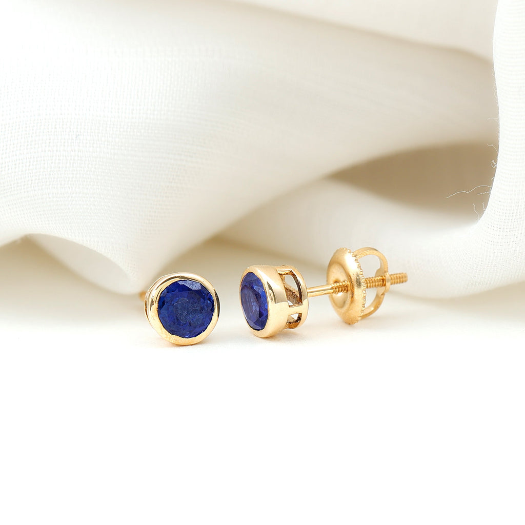Solitaire 5MM Lab Created Blue Sapphire Stud Earrings in Bezel Setting