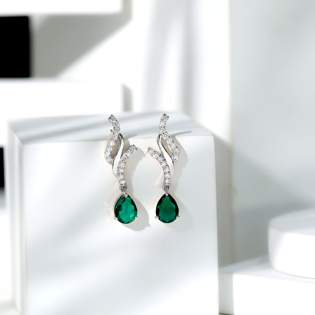 Vintage Lab Grown Emerald Teardrop Earrings with Diamond Accent