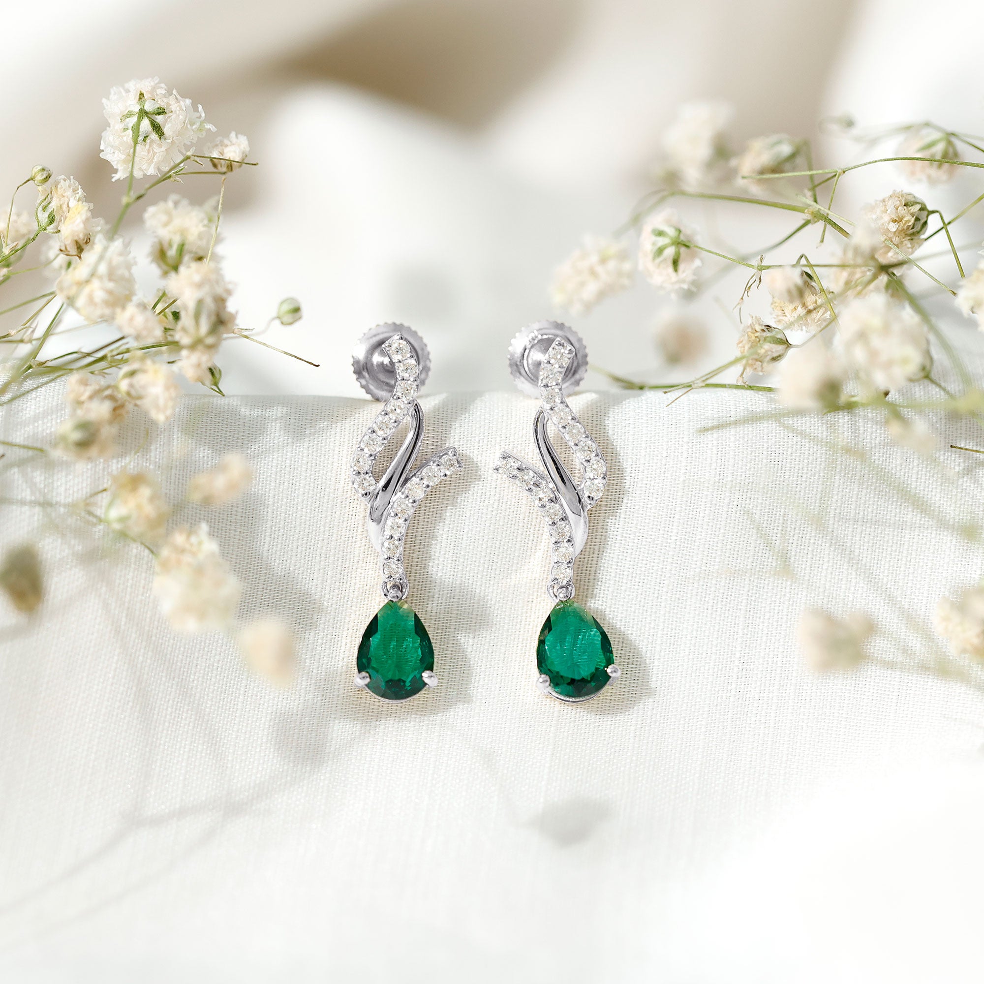 Vintage Lab Grown Emerald Teardrop Earrings with Diamond Accent