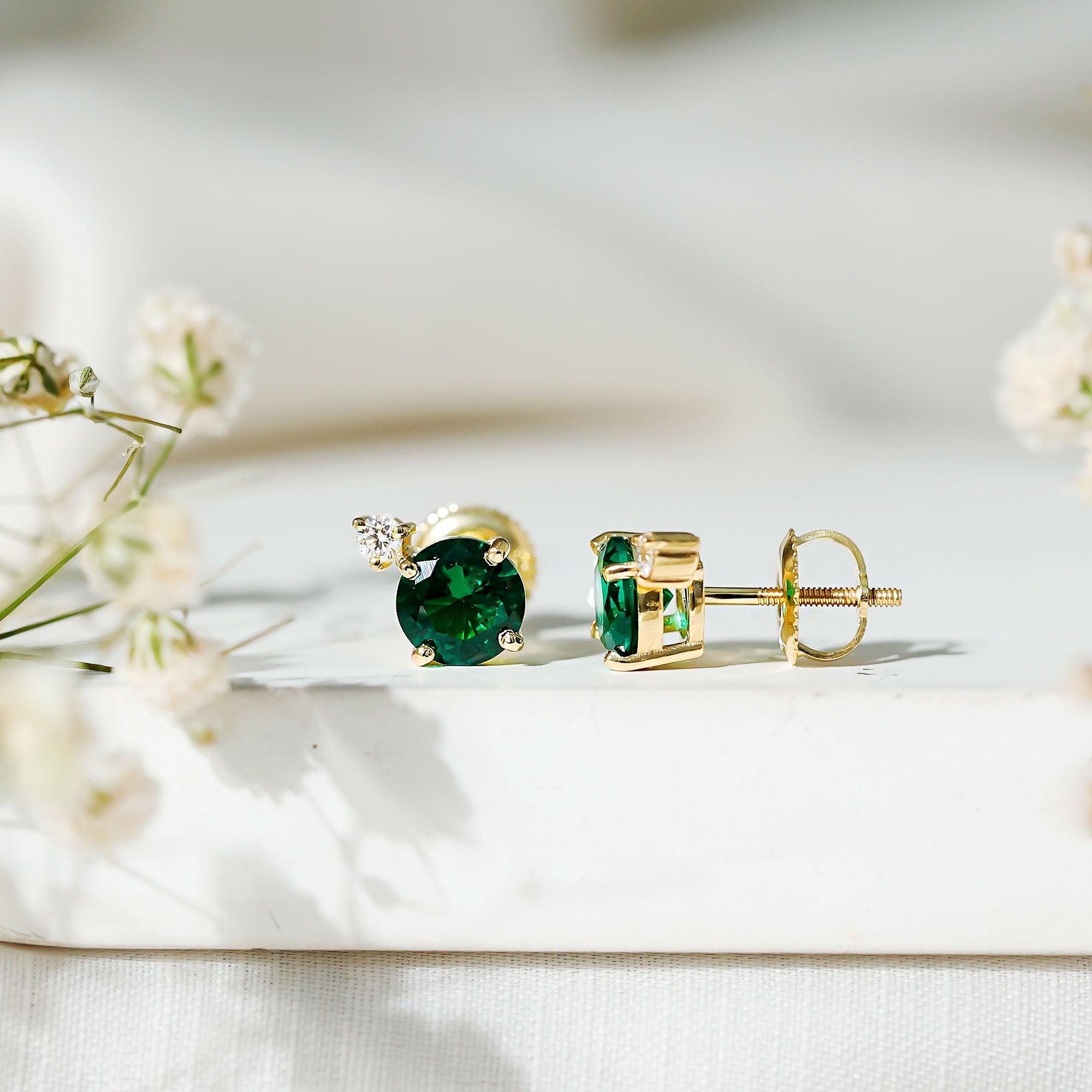 Lab Grown Emerald Screw Back Earrings With Diamond