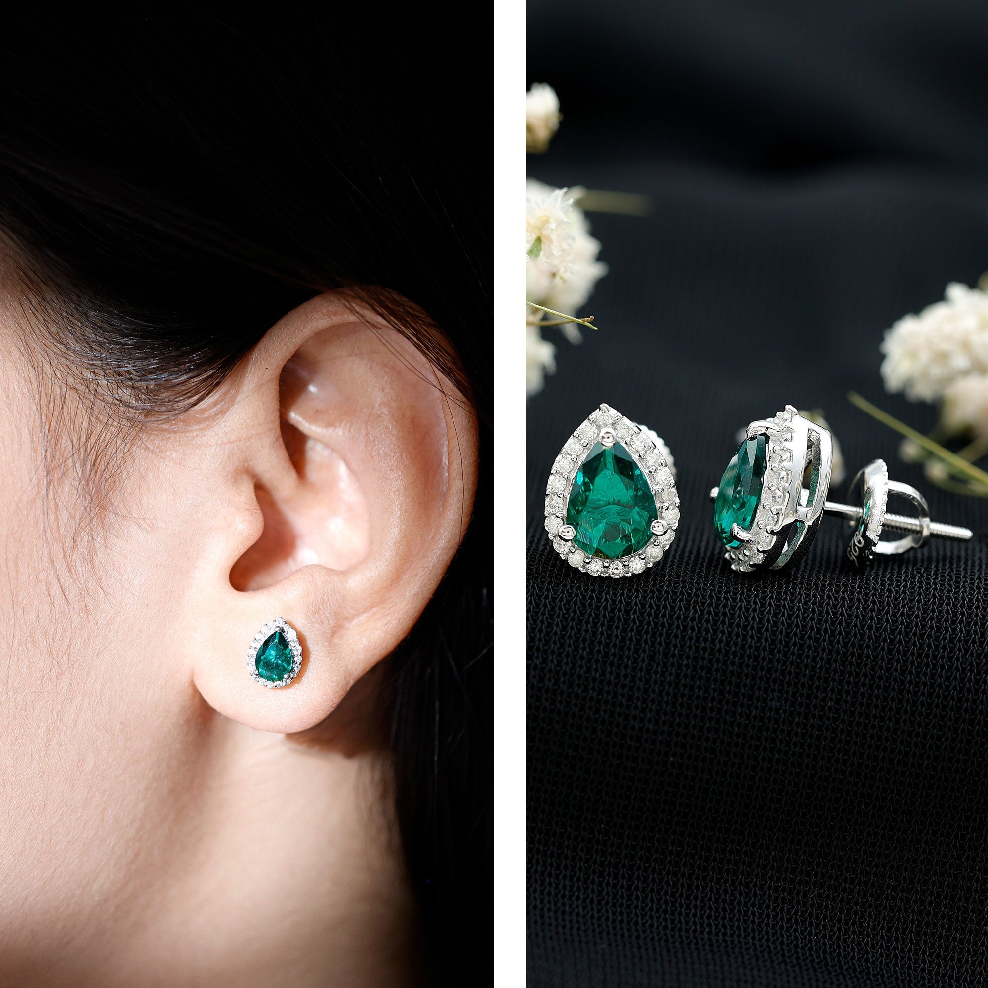 Sterling Silver 1.4 Carat Lab Grown Emerald Teardrop Earrings with Halo