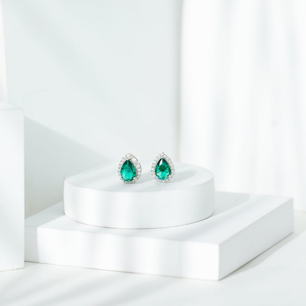 Sterling Silver 1.4 Carat Lab Grown Emerald Teardrop Earrings with Halo
