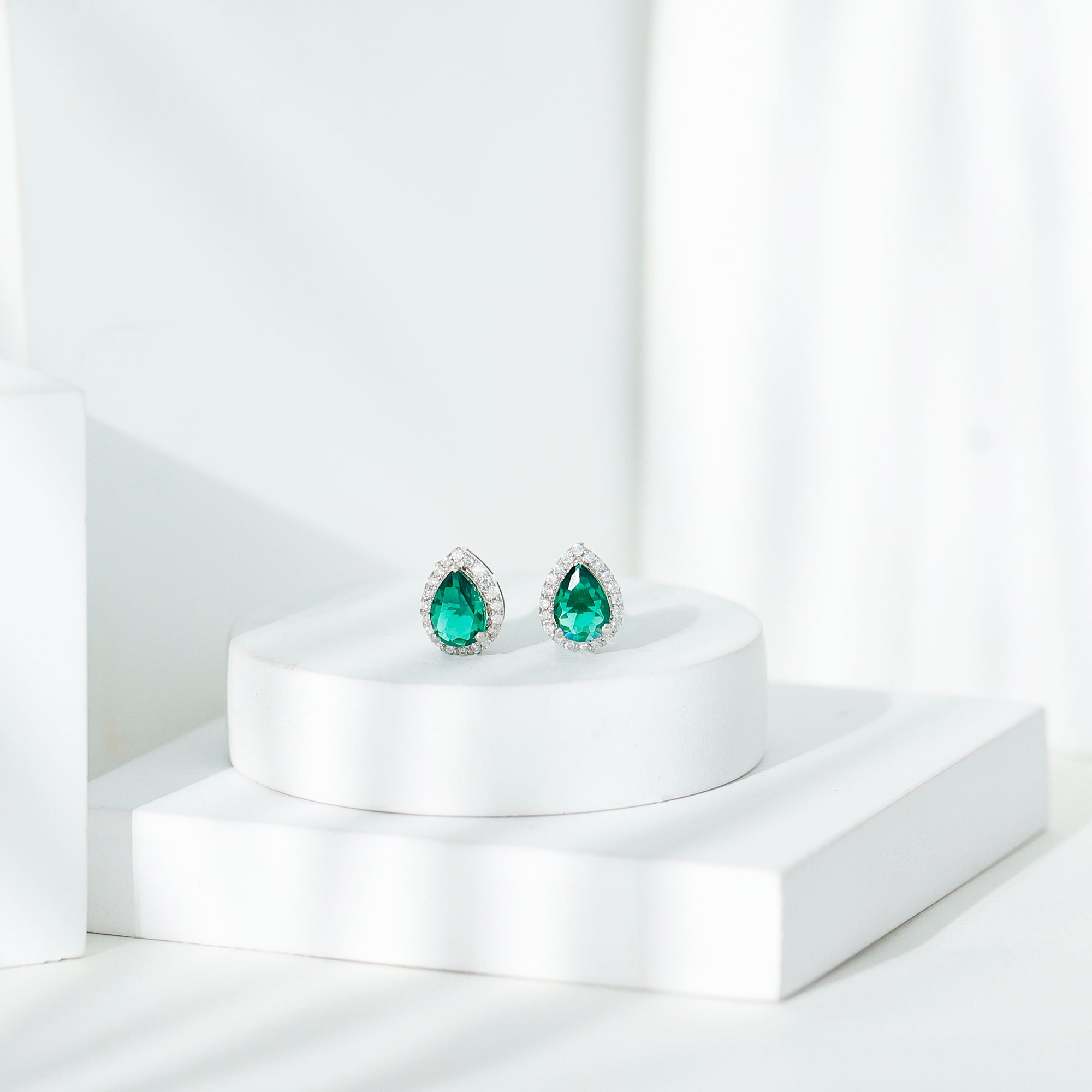 Sterling Silver 1.4 Carat Lab Grown Emerald Teardrop Earrings with Halo