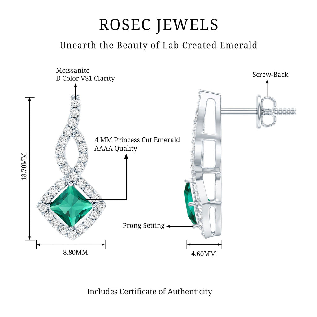 Sterling Silver 0.7 Carat Lab Grown Emerald Drop Earrings with Moissanite