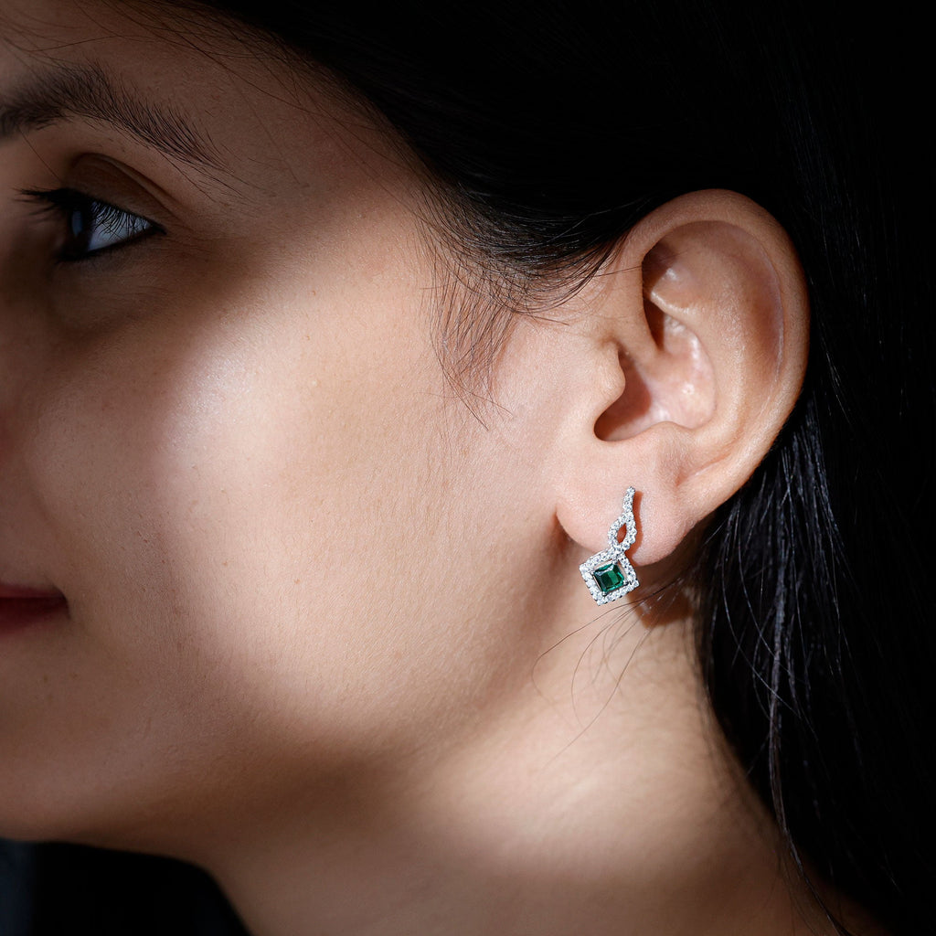 Sterling Silver 0.7 Carat Lab Grown Emerald Drop Earrings with Moissanite