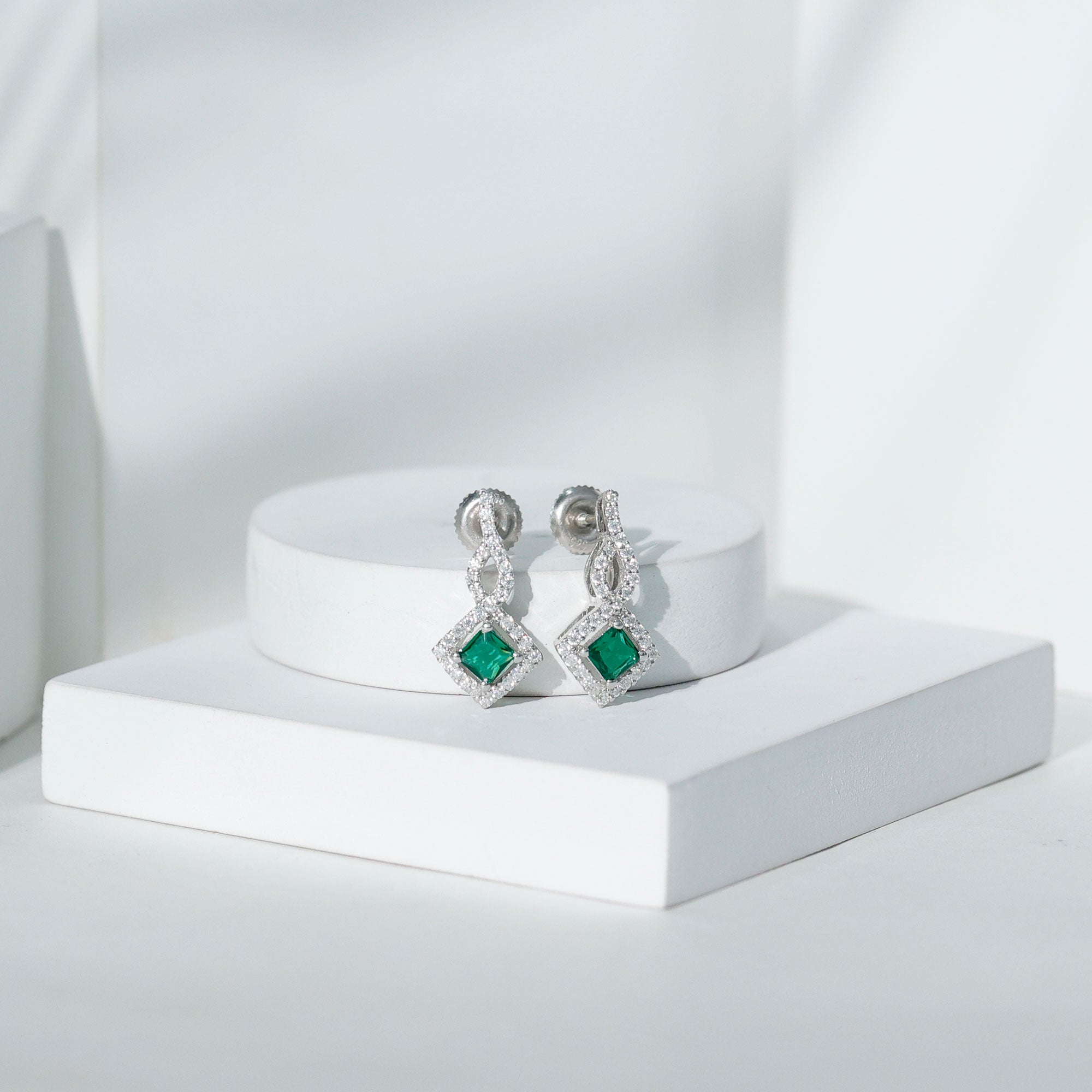Sterling Silver 0.7 Carat Lab Grown Emerald Drop Earrings with Moissanite