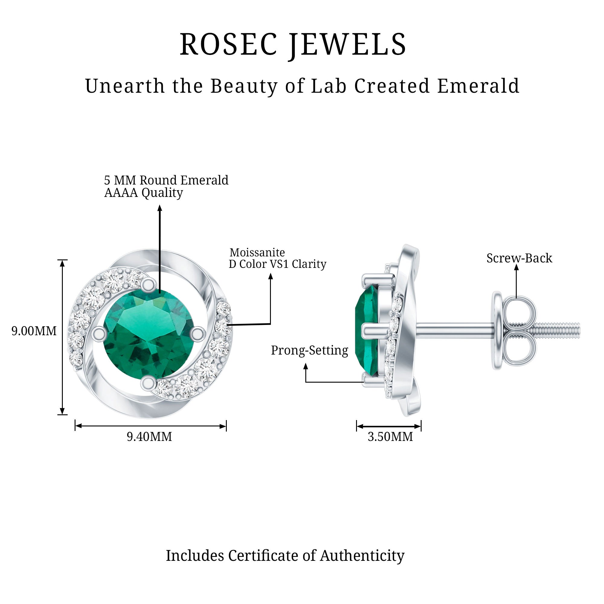 Certified 1 Carat Lab Grown Emerald Swirl Stud Earrings with Moissanite