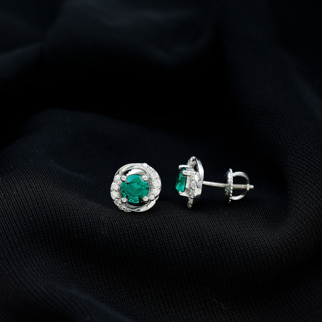 Certified 1 Carat Lab Grown Emerald Swirl Stud Earrings with Moissanite