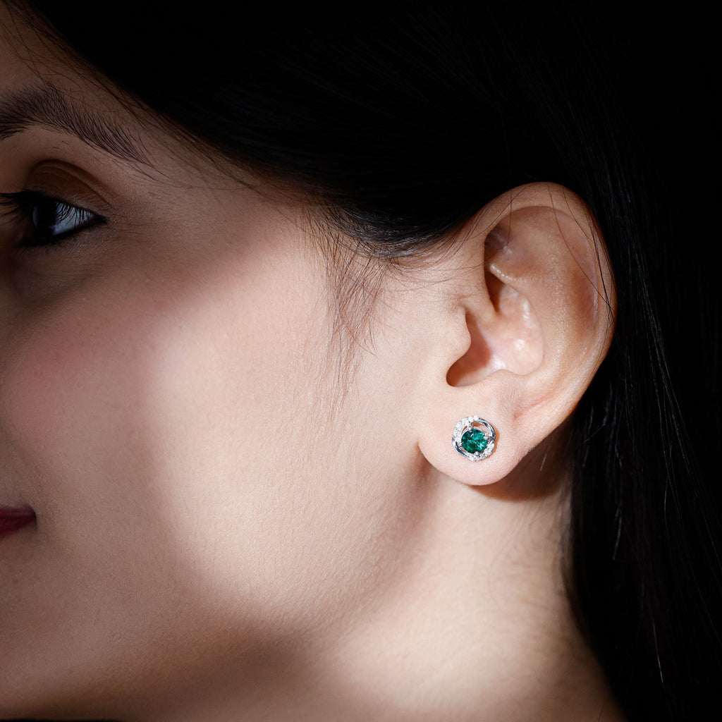 Certified 1 Carat Lab Grown Emerald Swirl Stud Earrings with Moissanite
