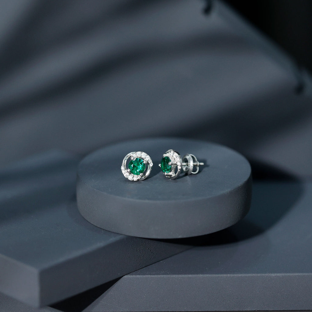 Certified 1 Carat Lab Grown Emerald Swirl Stud Earrings with Moissanite
