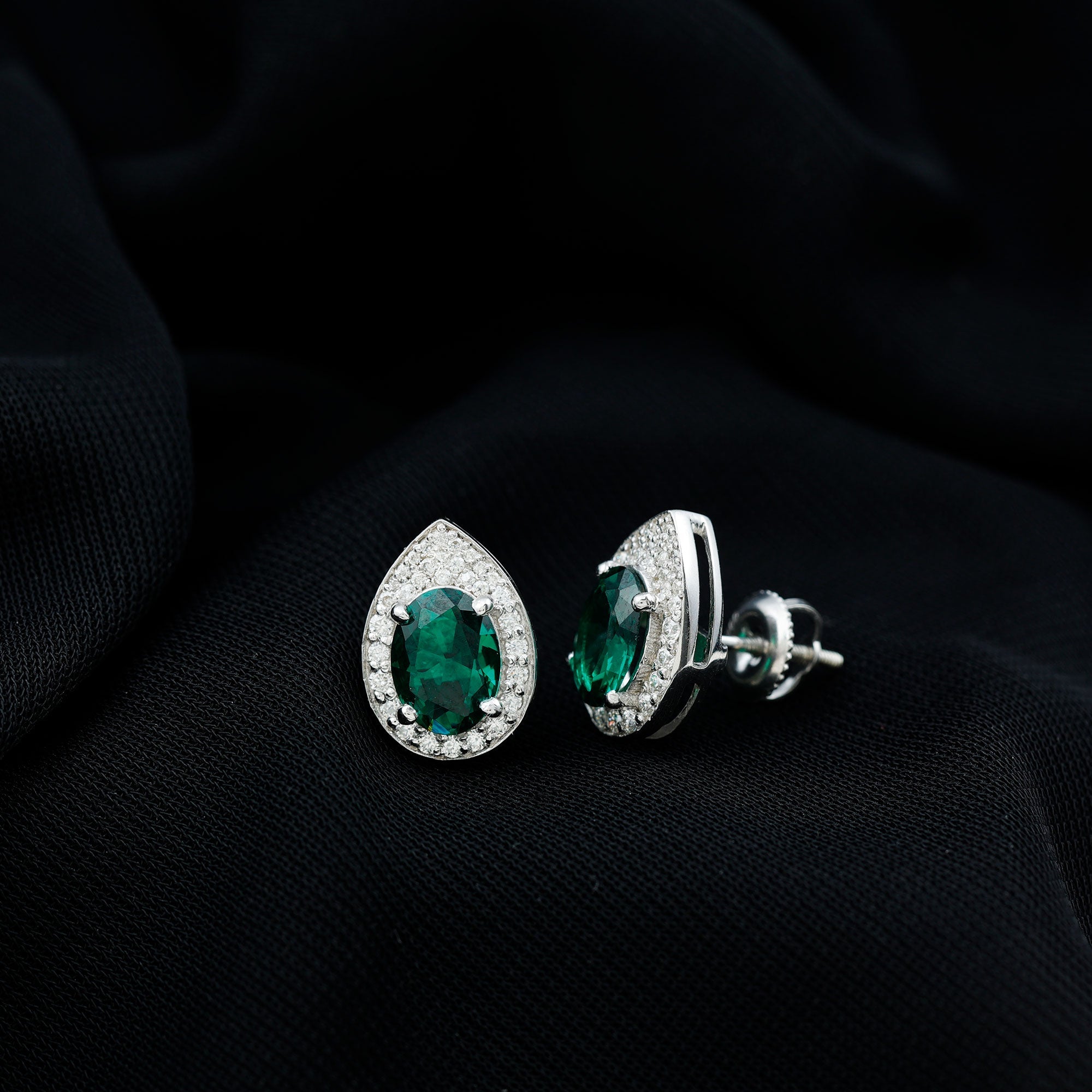 2.5 Carat Lab Grown Emerald Teardrop Stud Earrings with Moissanite Halo