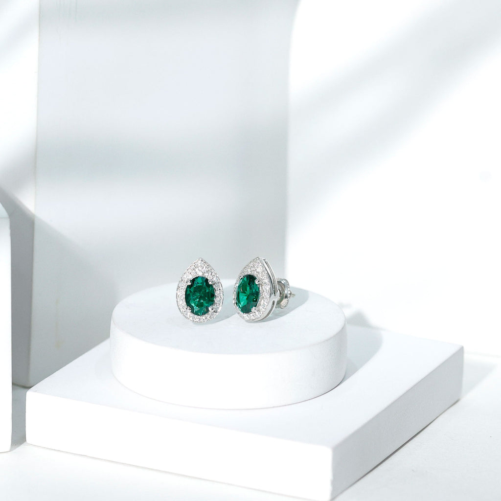 2.5 Carat Lab Grown Emerald Teardrop Stud Earrings with Moissanite Halo