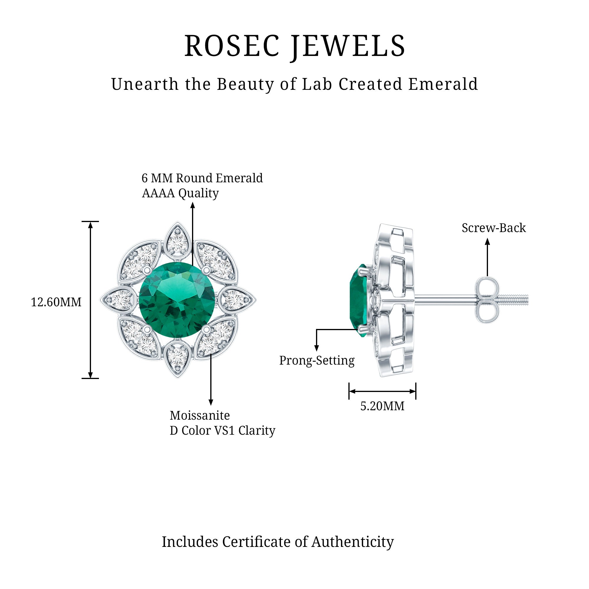 1.6 Carat Lab Emerald Vintage Stud Earrings in Sterling Silver