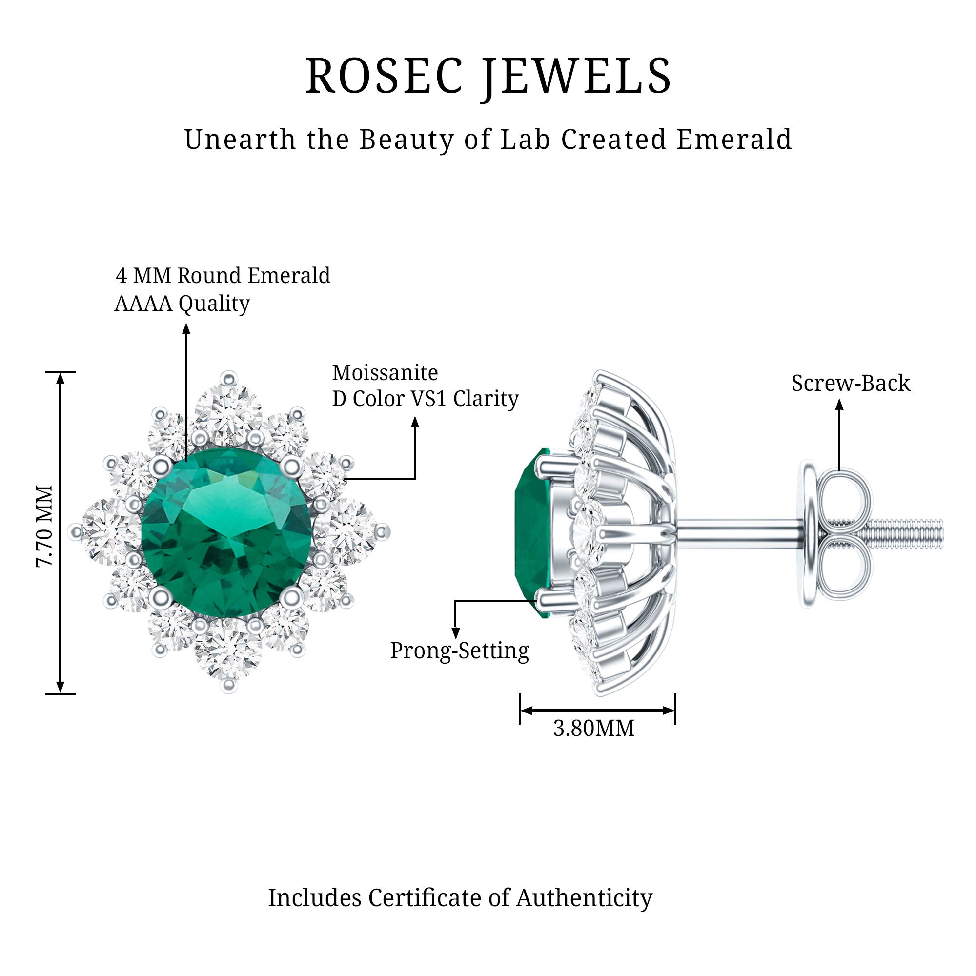 Half Carat Lab Grown Emerald Stud Earrings with Certificate