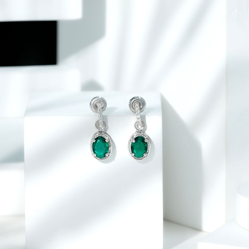 Vintage Inspired 2.5 Carat Oval Lab Emerald Drop Earrings in Silver