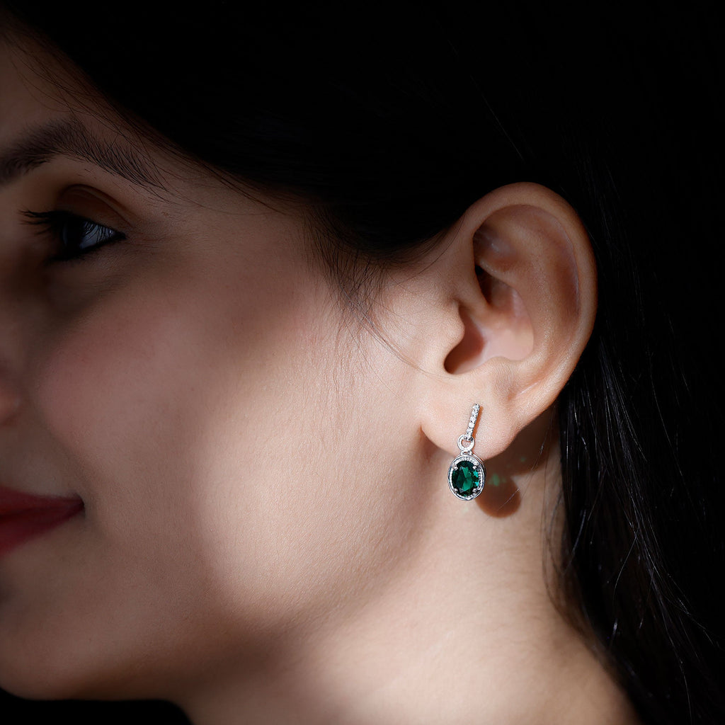 Vintage Inspired 2.5 Carat Oval Lab Emerald Drop Earrings in Silver