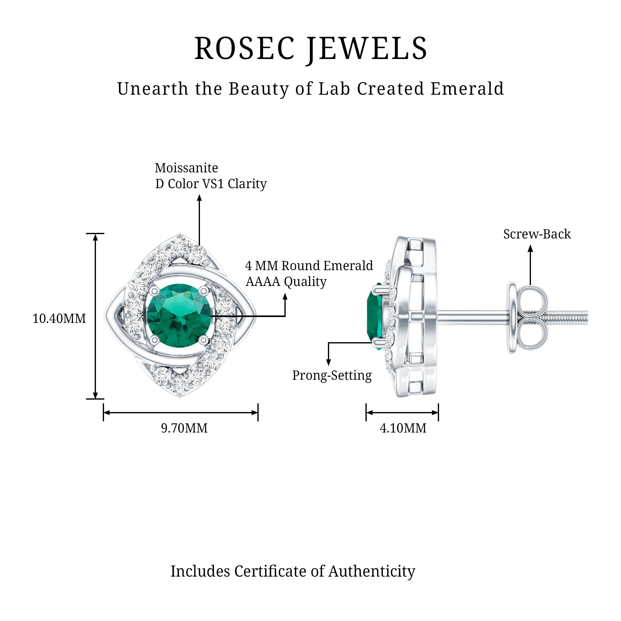Certified Half Carat Lab Grown Emerald Stud Earrings with Moissanite