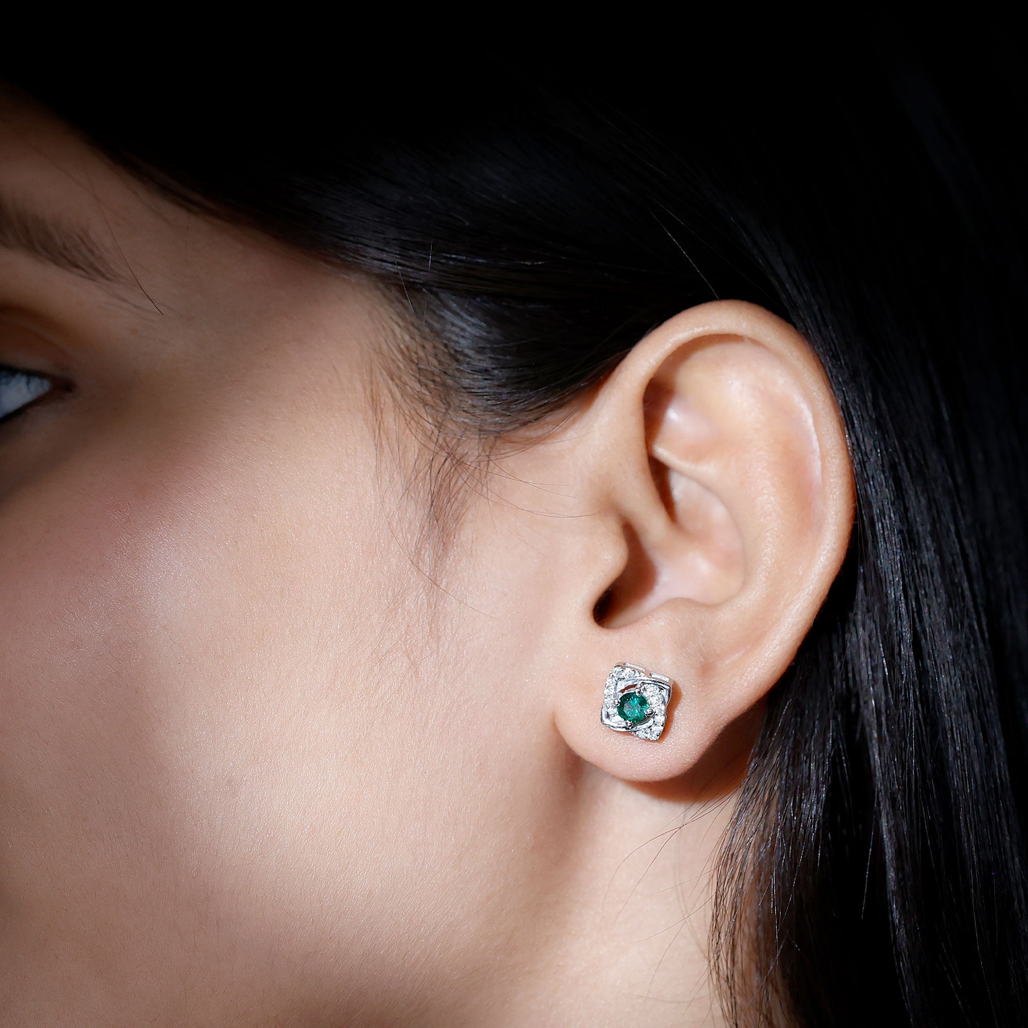 Certified Half Carat Lab Grown Emerald Stud Earrings with Moissanite