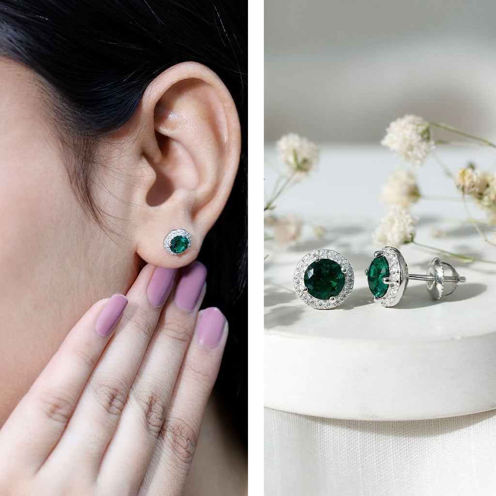 Certified 1.6 Carat Lab Created Emerald and Moissanite Halo Stud Earrings