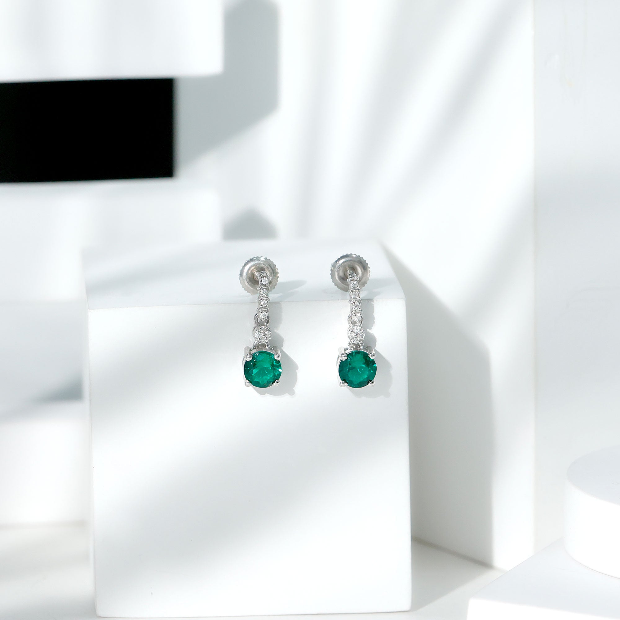 Sterling Silver 1.6 Carat Lab Grown Emerald Drop Earrings with Moissanite