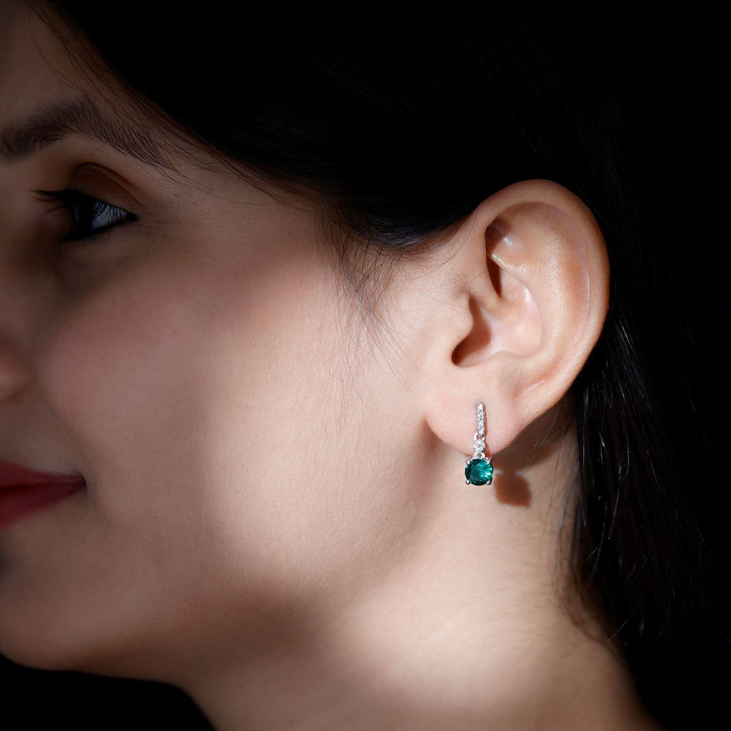 Sterling Silver 1.6 Carat Lab Grown Emerald Drop Earrings with Moissanite