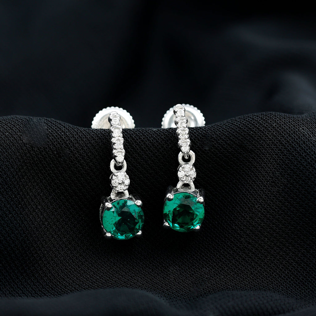 Sterling Silver 1.6 Carat Lab Grown Emerald Drop Earrings with Moissanite
