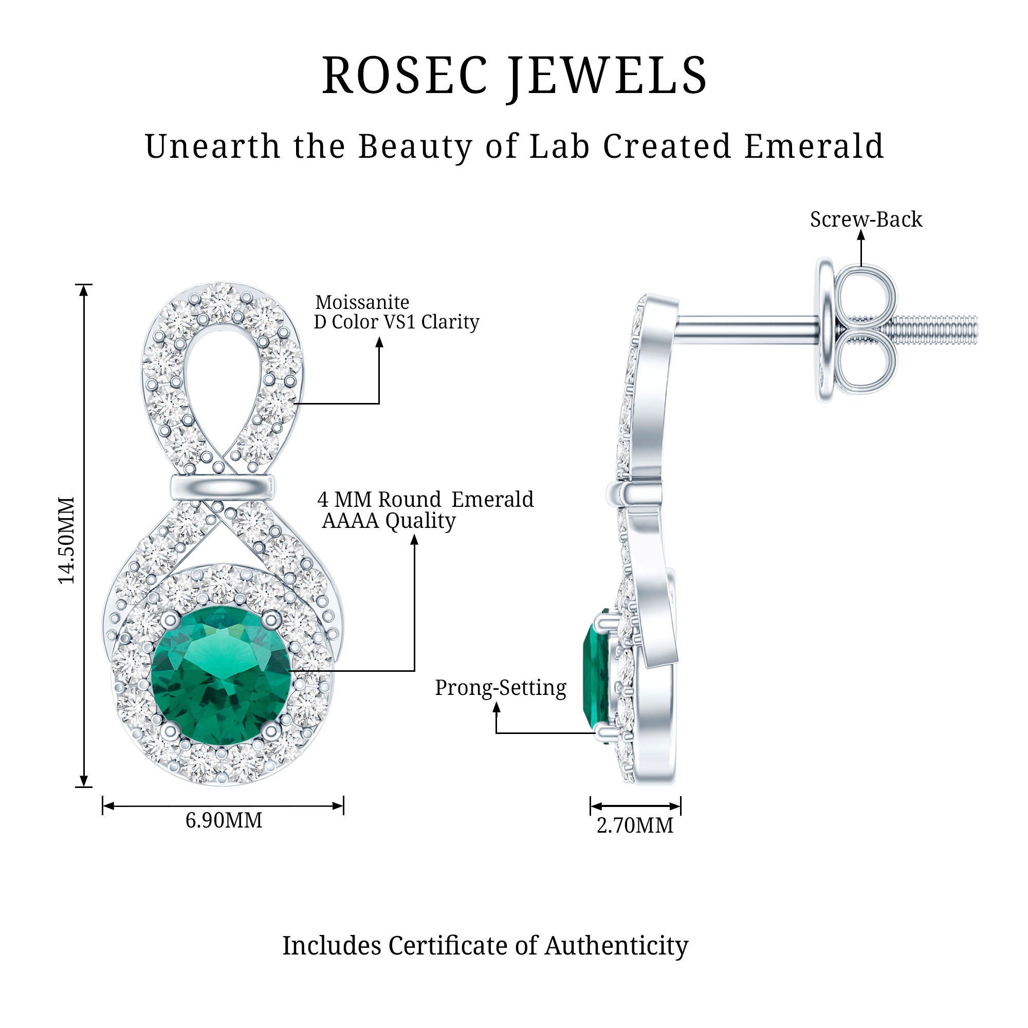 Half Carat Lab Grown Emerald Infinity Stud Earrings with Moissanite