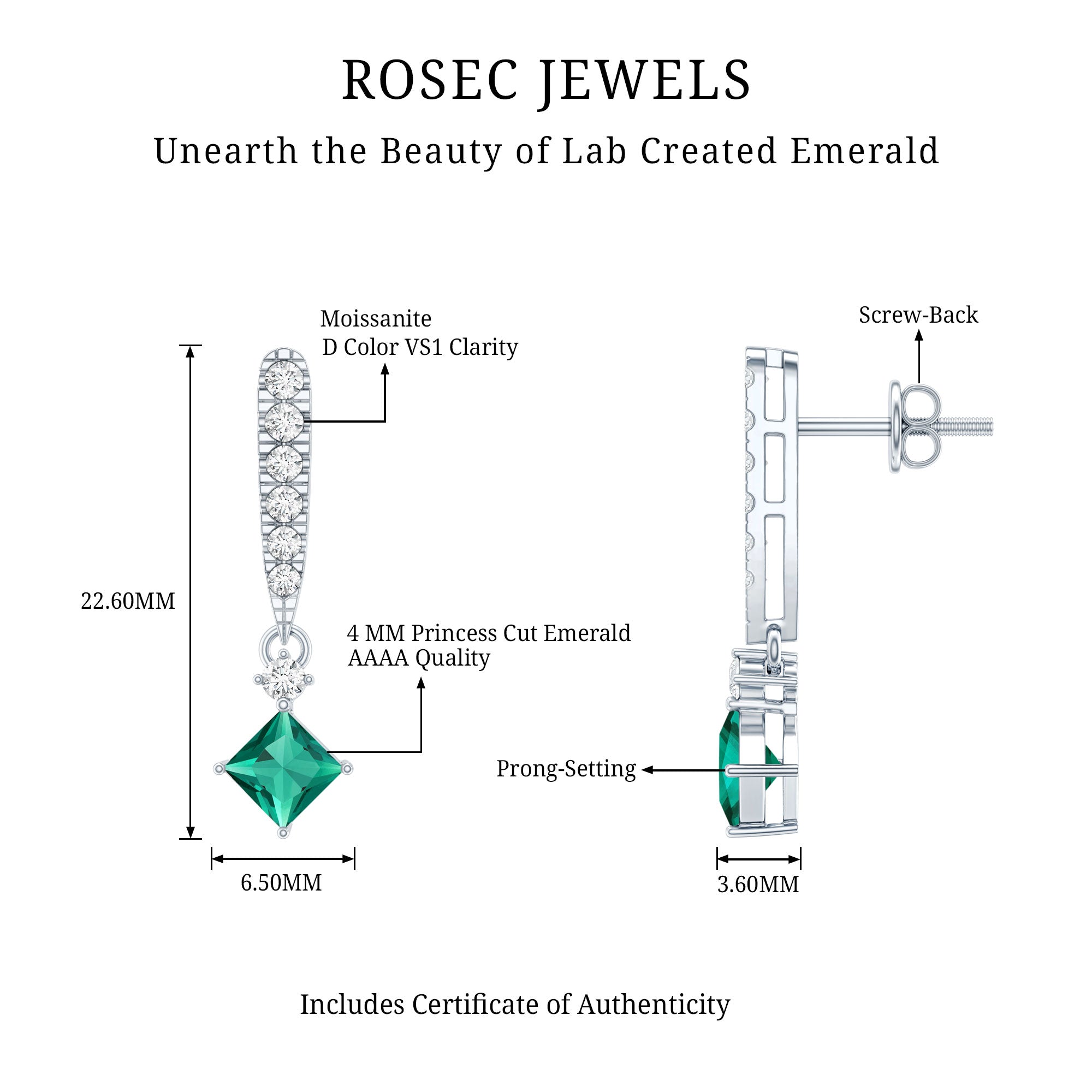 Princess Cut 0.7 Carat Lab Grown Emerald Drop Earrings with Moissanite